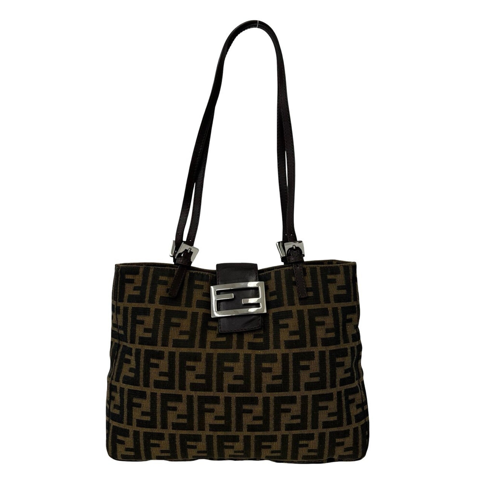 Fendi Black Brown Canvas Leather Handbag Shoulder Bag Tote Bag (Pre-Owned)