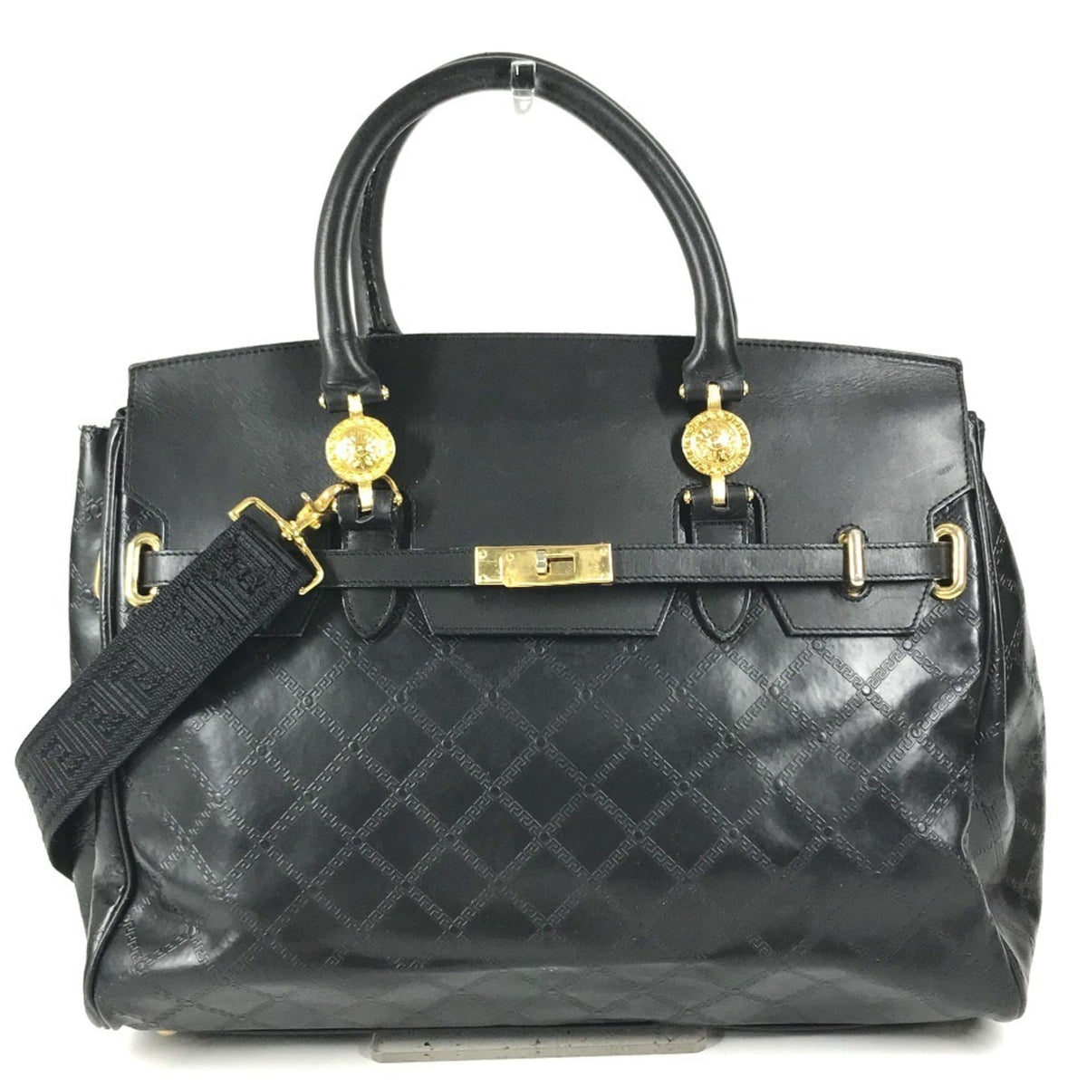 Versace Black Leather Boston Bag Handbag (Pre-Owned)
