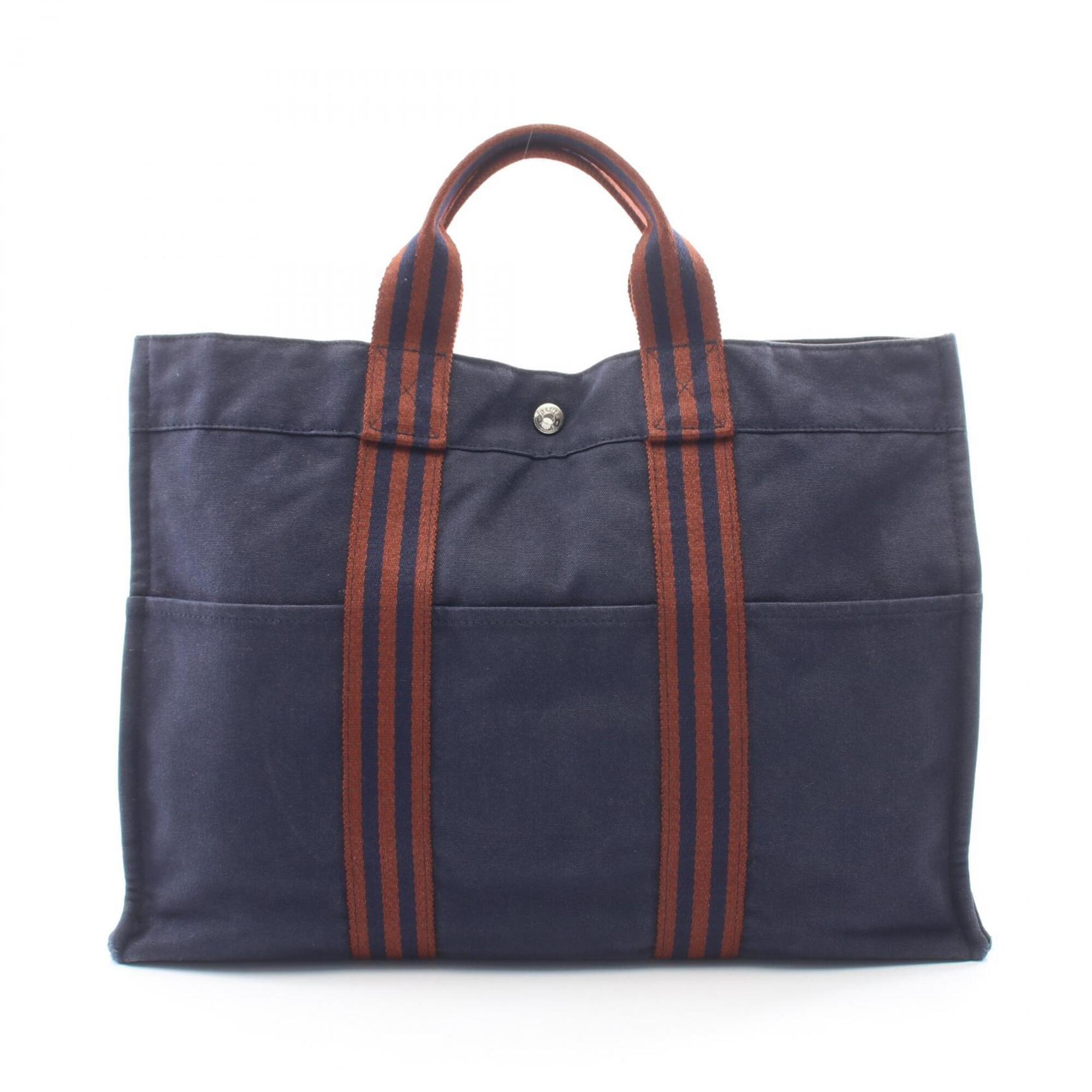 Hermes Brown Navy Canvas Handbag Tote Bag (Pre-Owned)