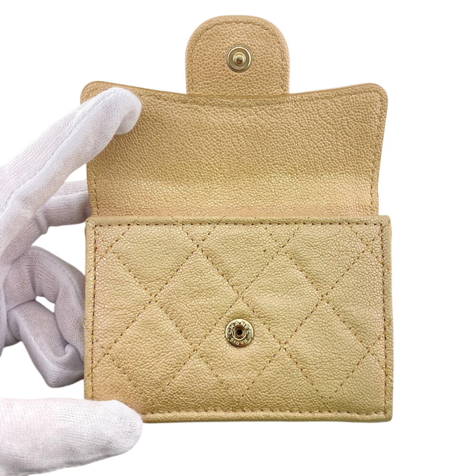 Chanel Beige Beige Gold Grained Calfskin Leather Wallet (Tri-Fold) (Pre-Owned)