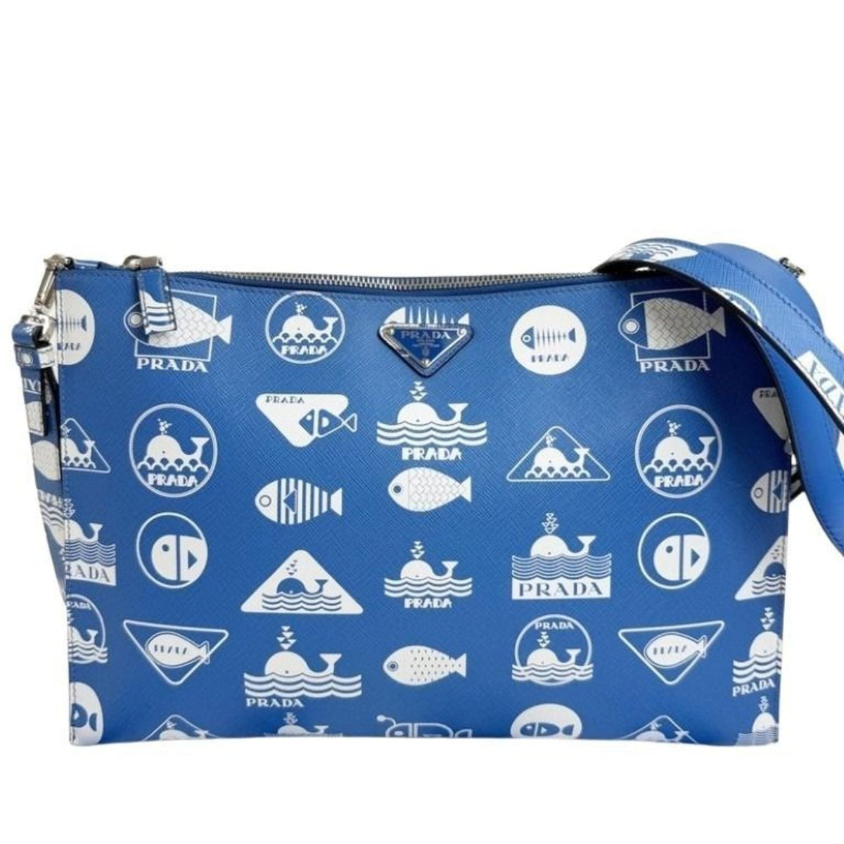 Prada Blue White Saffiano Shoulder Bag (Pre-Owned)