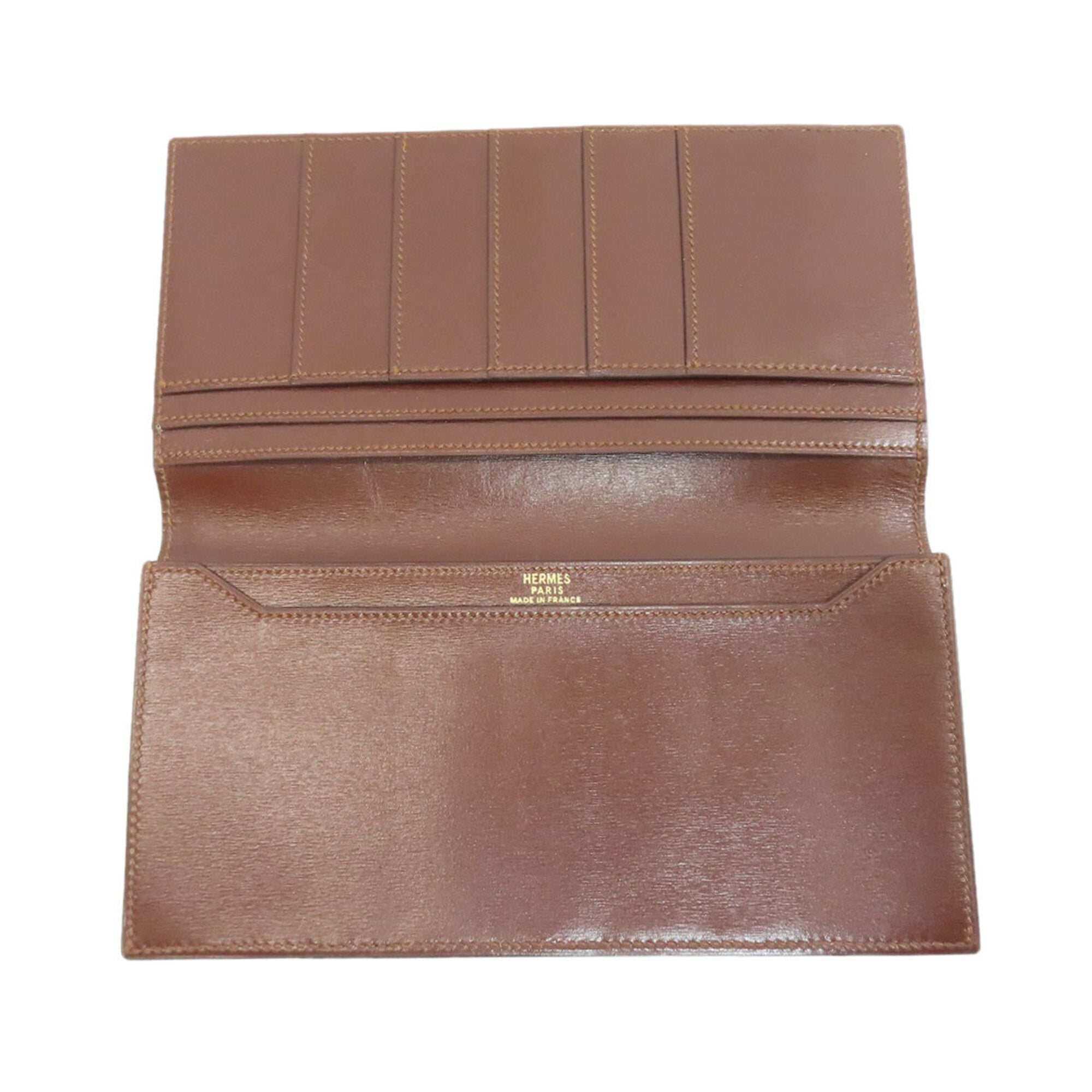 Hermes Brown Red Color Box Calf Leather Long Bill Wallet (Bi-Fold) (Pre-Owned)