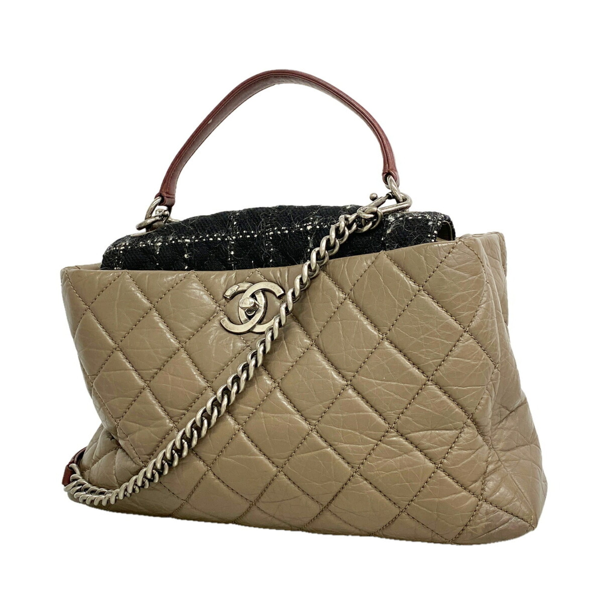 Chanel Brown Leather Tweed Handbag (Pre-Owned)