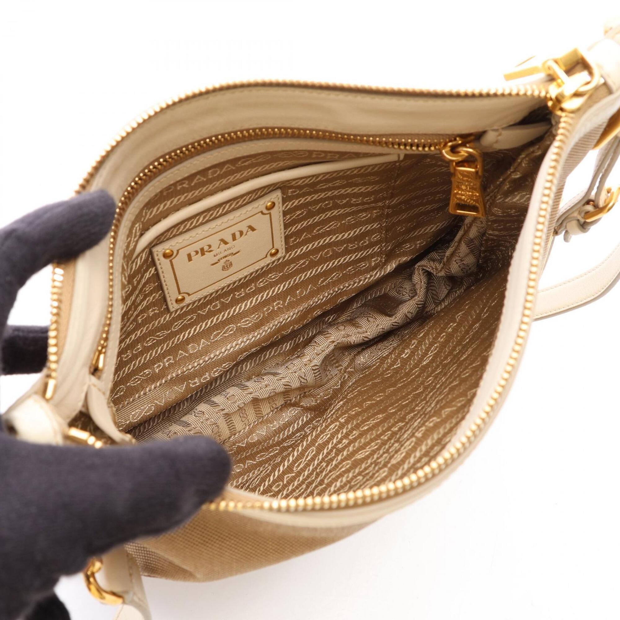 Prada Beige Ivory Canvas Leather Shoulder Bag (Pre-Owned)