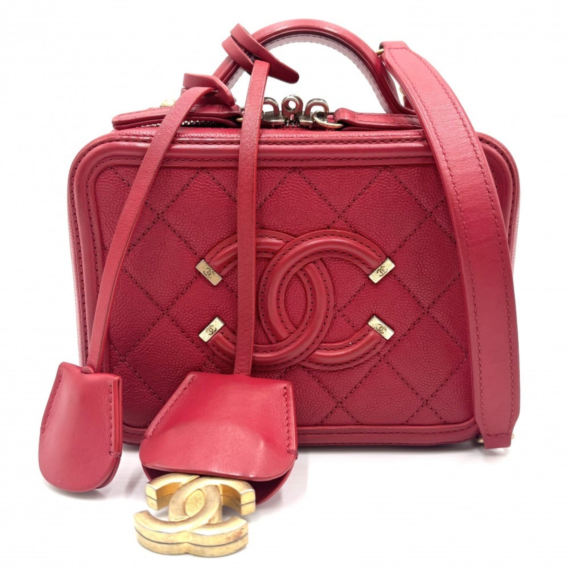 Chanel Red Color Grained Calfskin Pochette Shoulder Bag Vanity Bag (Pre-Owned)