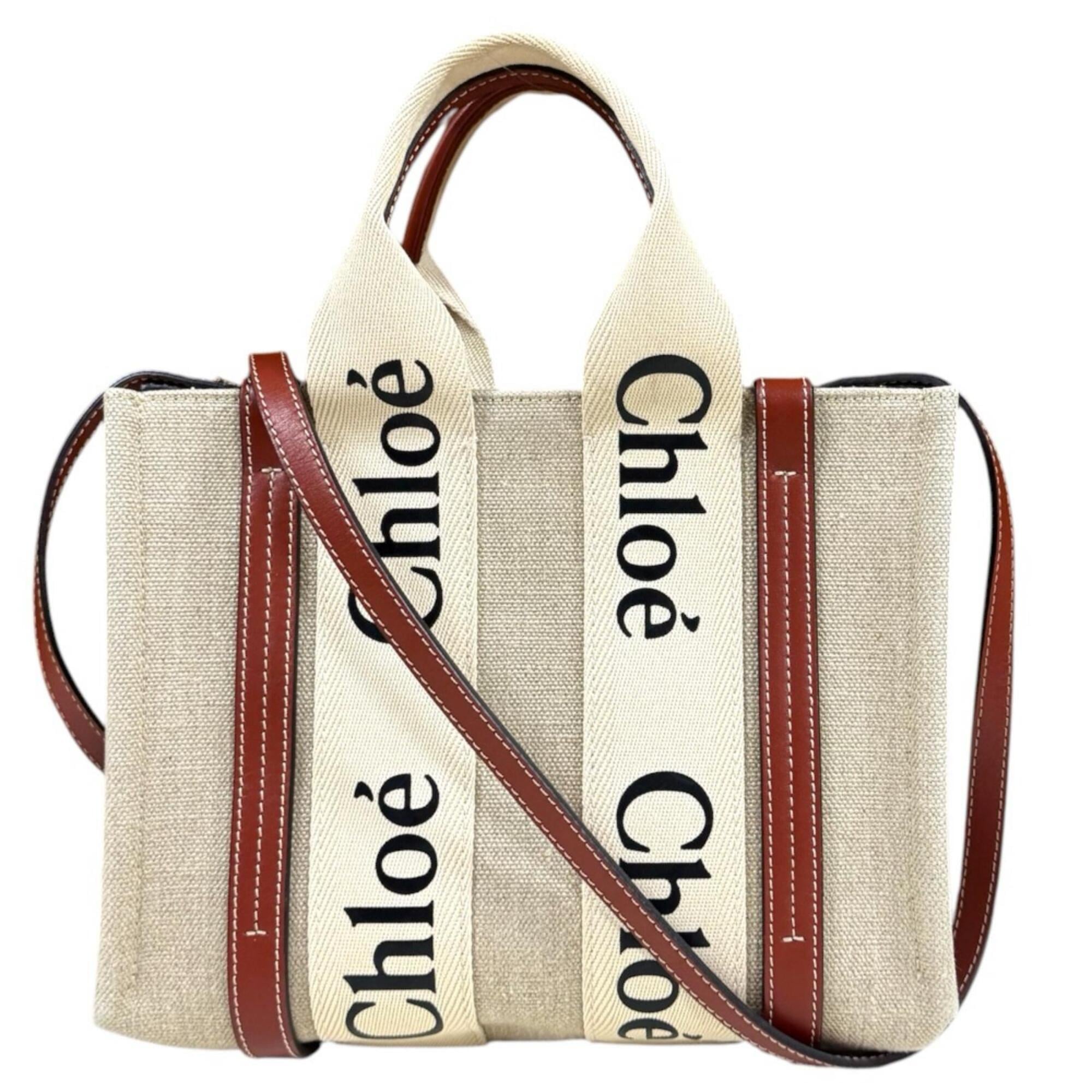 Chloé Beige Brown Linen Leather Shoulder Bag Tote Bag (Pre-Owned)