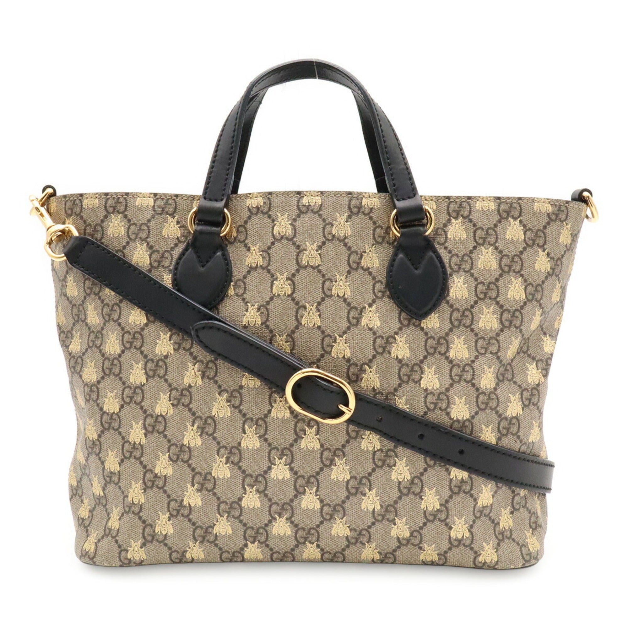 Gucci Beige Black Gold Gg Supreme Canvas Leather Handbag Shoulder Bag Tote Bag (Pre-Owned)