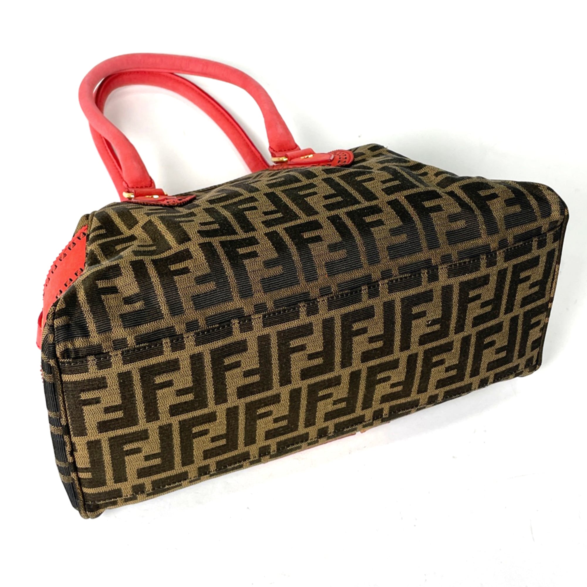 Fendi Brown Red Color Canvas Leather Handbag (Pre-Owned)