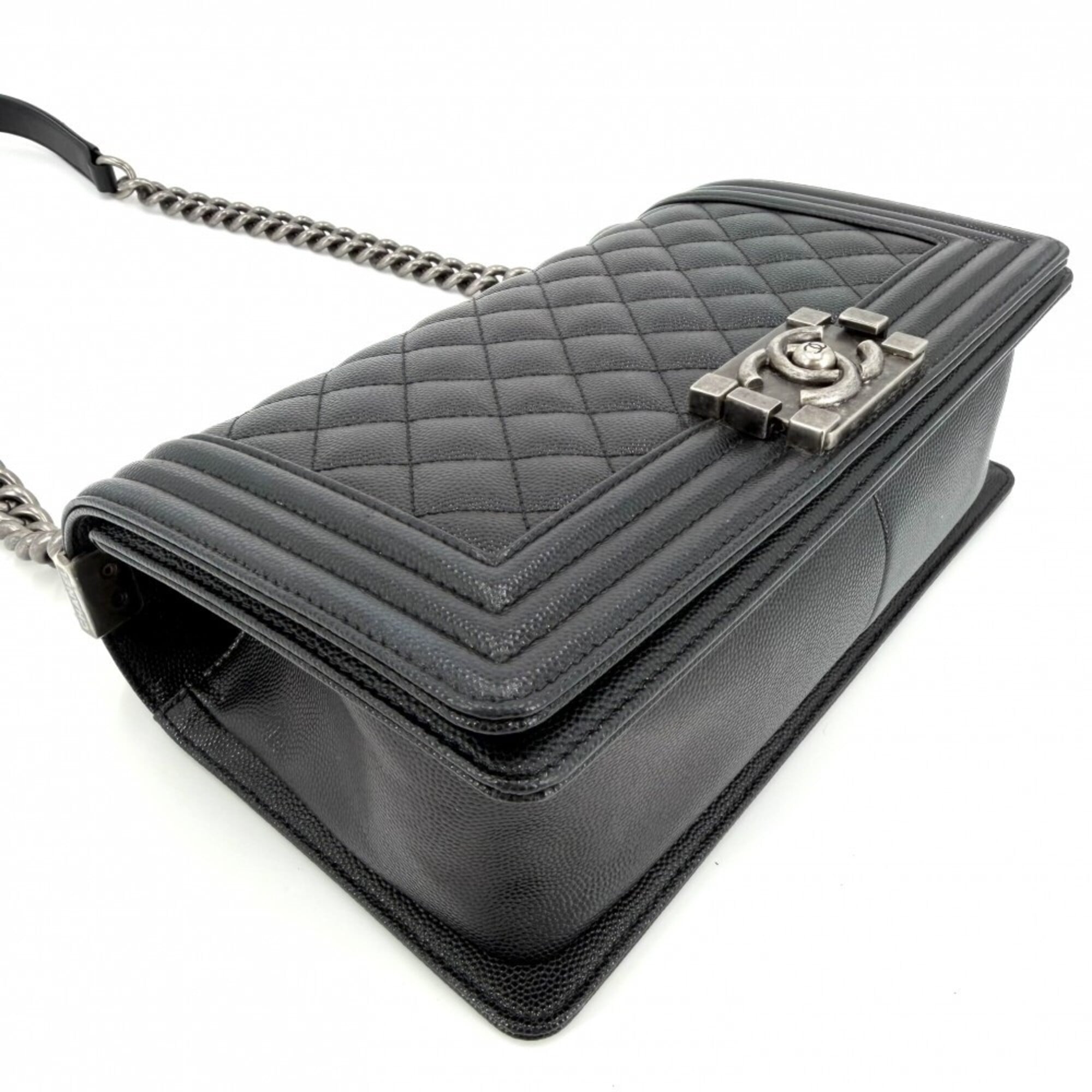Chanel Black Matte Silver White Grained Calfskin Shoulder Bag (Pre-Owned)
