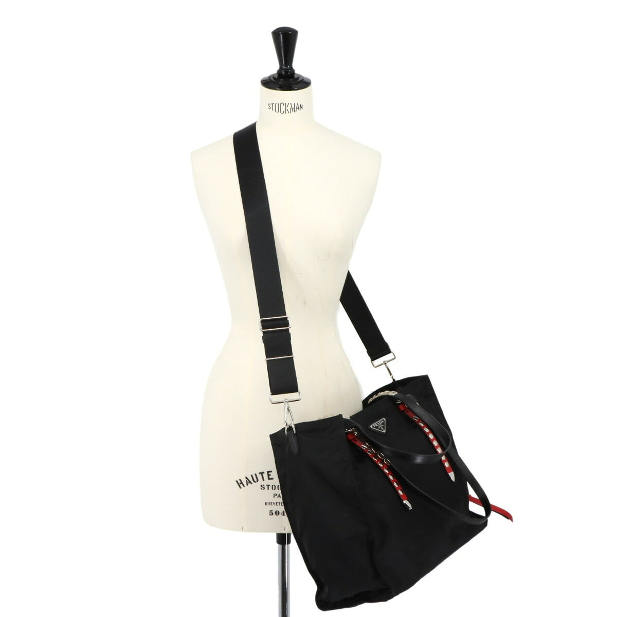 Prada Black Red Color Nylon Saffiano Handbag Shoulder Bag Tote Bag (Pre-Owned)