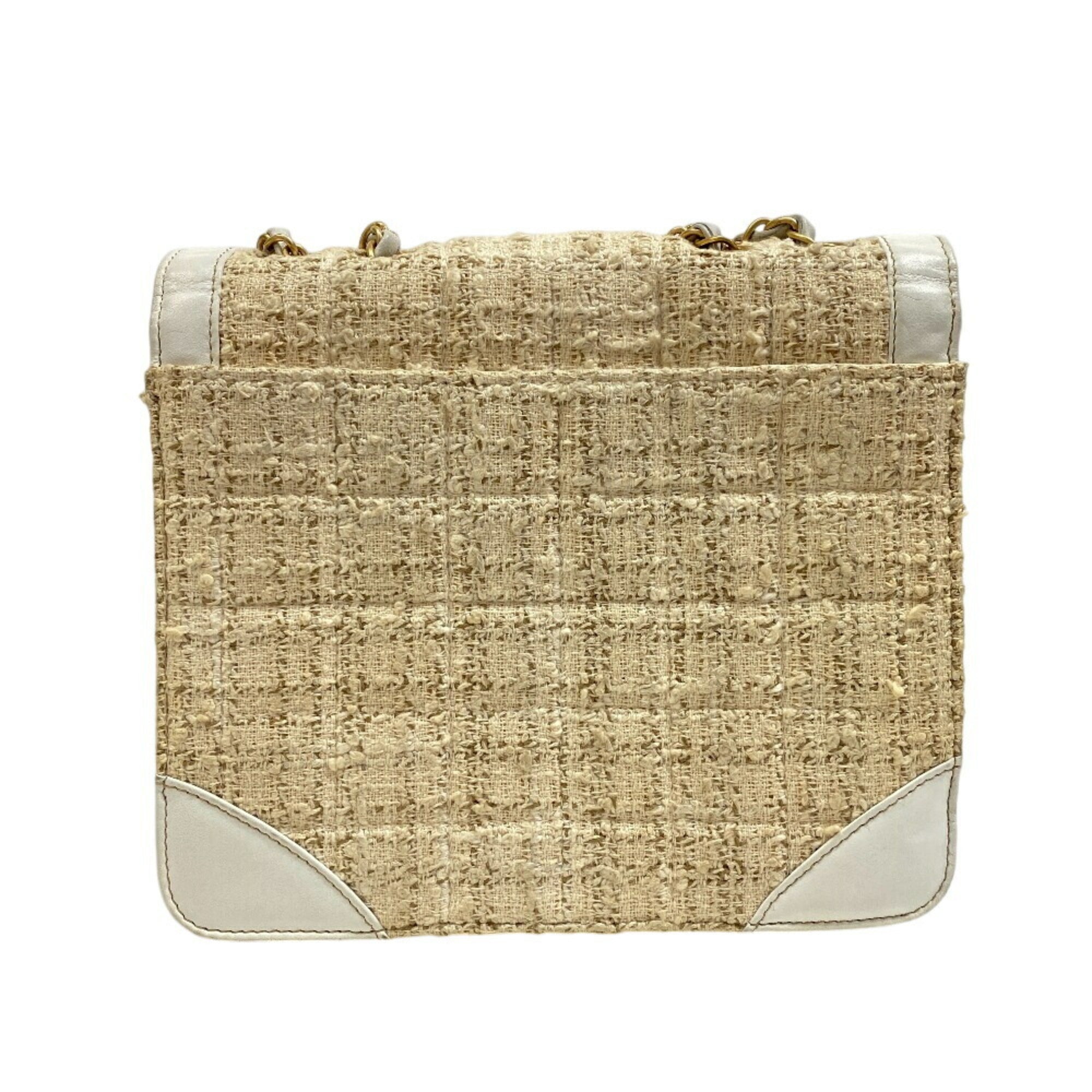 Chanel Beige White Tweed Leather Shoulder Bag (Pre-Owned)