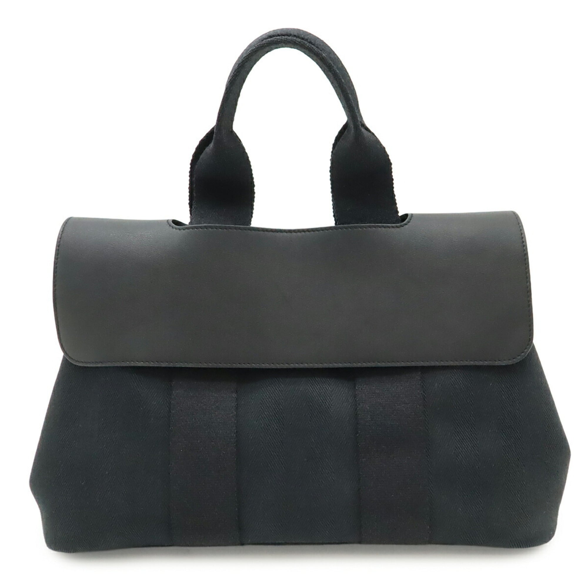 Hermes Valparaiso Black Toile Chevron Leather Handbag Tote Bag (Pre-Owned)
