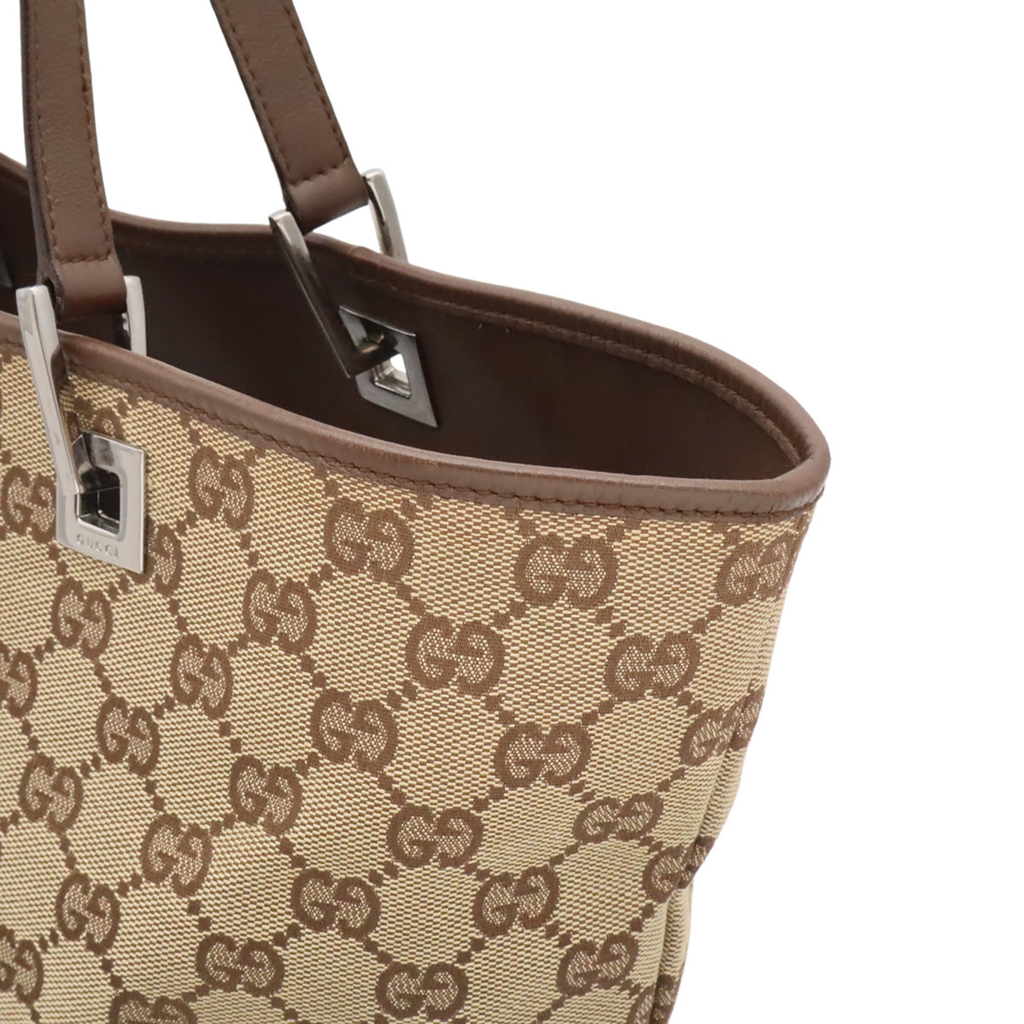 Gucci Gg Canvas Beige Dark Brown Khaki Gg Canvas Leather Shoulder Bag Tote Bag (Pre-Owned)