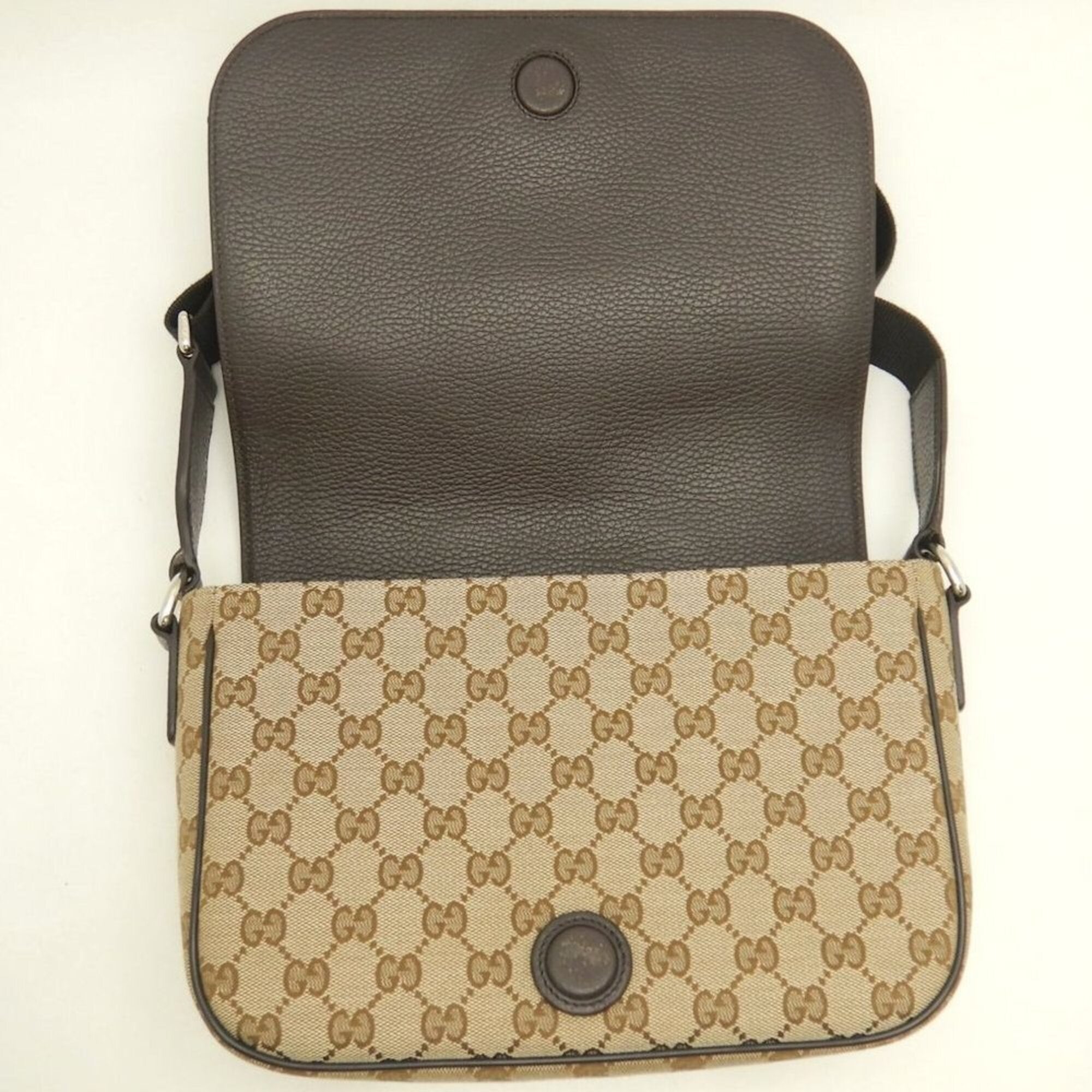 Gucci Gg Canvas Beige Dark Brown Gg Canvas Leather Messenger Bag Shoulder Bag (Pre-Owned)