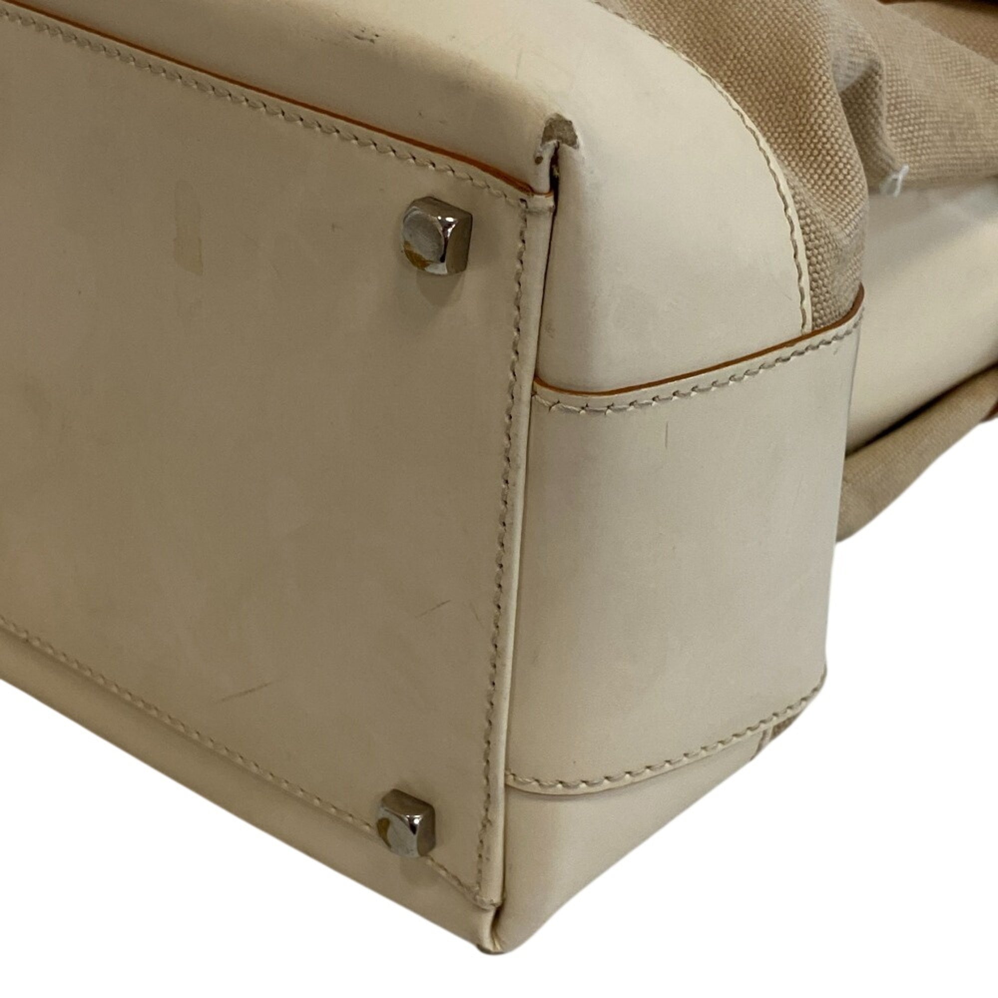 Salvatore Ferragamo Beige White Canvas Leather Handbag Shoulder Bag (Pre-Owned)