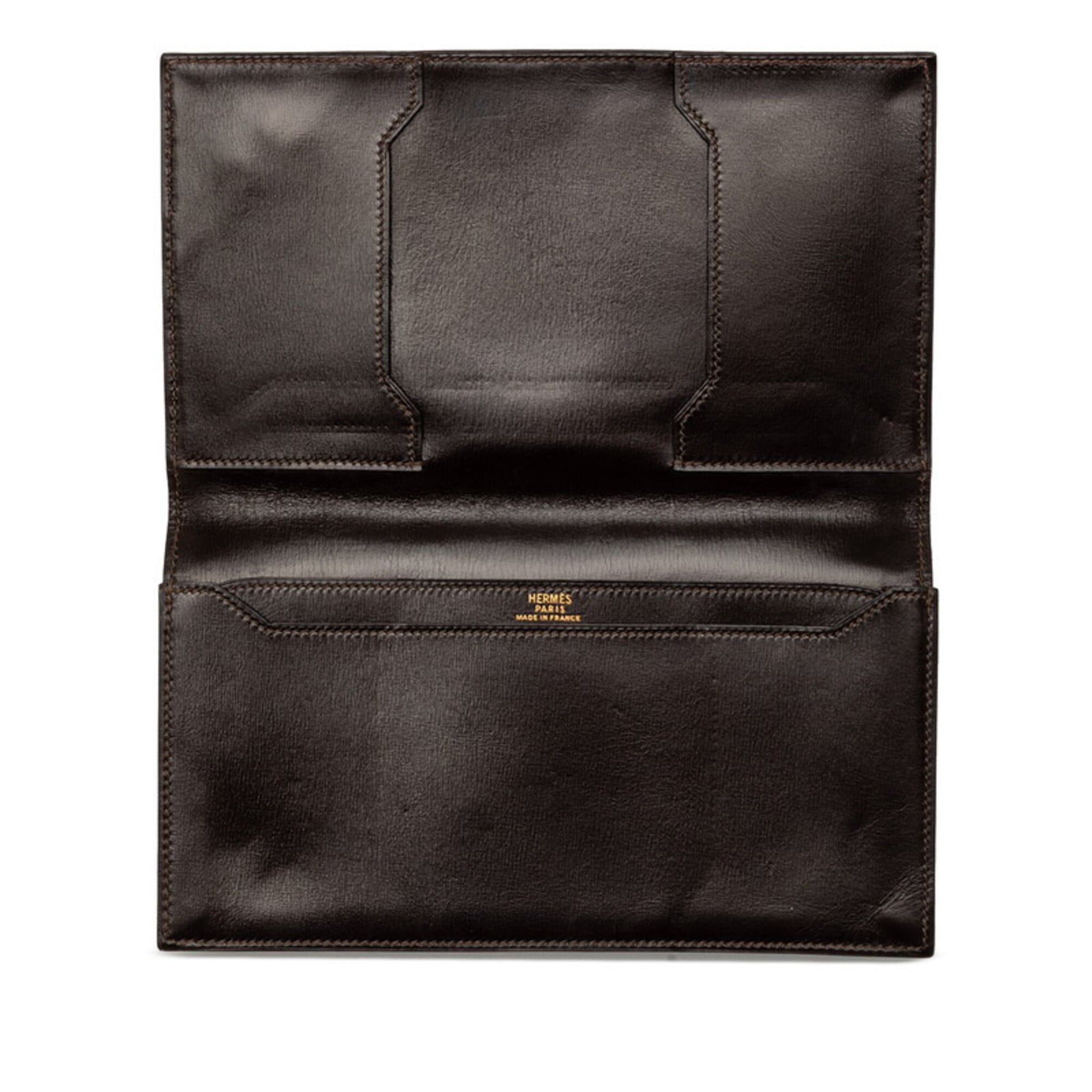 Hermes Dark Brown Box Calf Leather Long Wallet (Bi-Fold) (Pre-Owned)