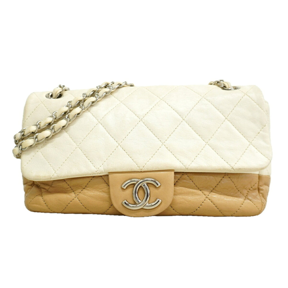 Chanel Brown White Leather Shoulder Bag (Pre-Owned)
