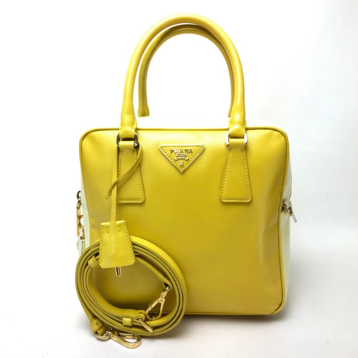 Prada Saffiano White Yellow Leather Handbag (Pre-Owned)