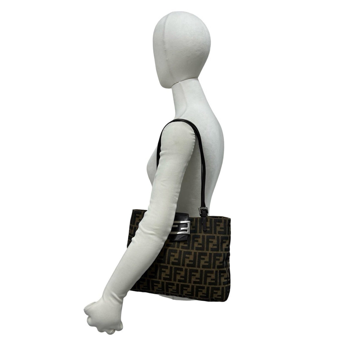 Fendi Black Brown Canvas Leather Handbag Shoulder Bag Tote Bag (Pre-Owned)