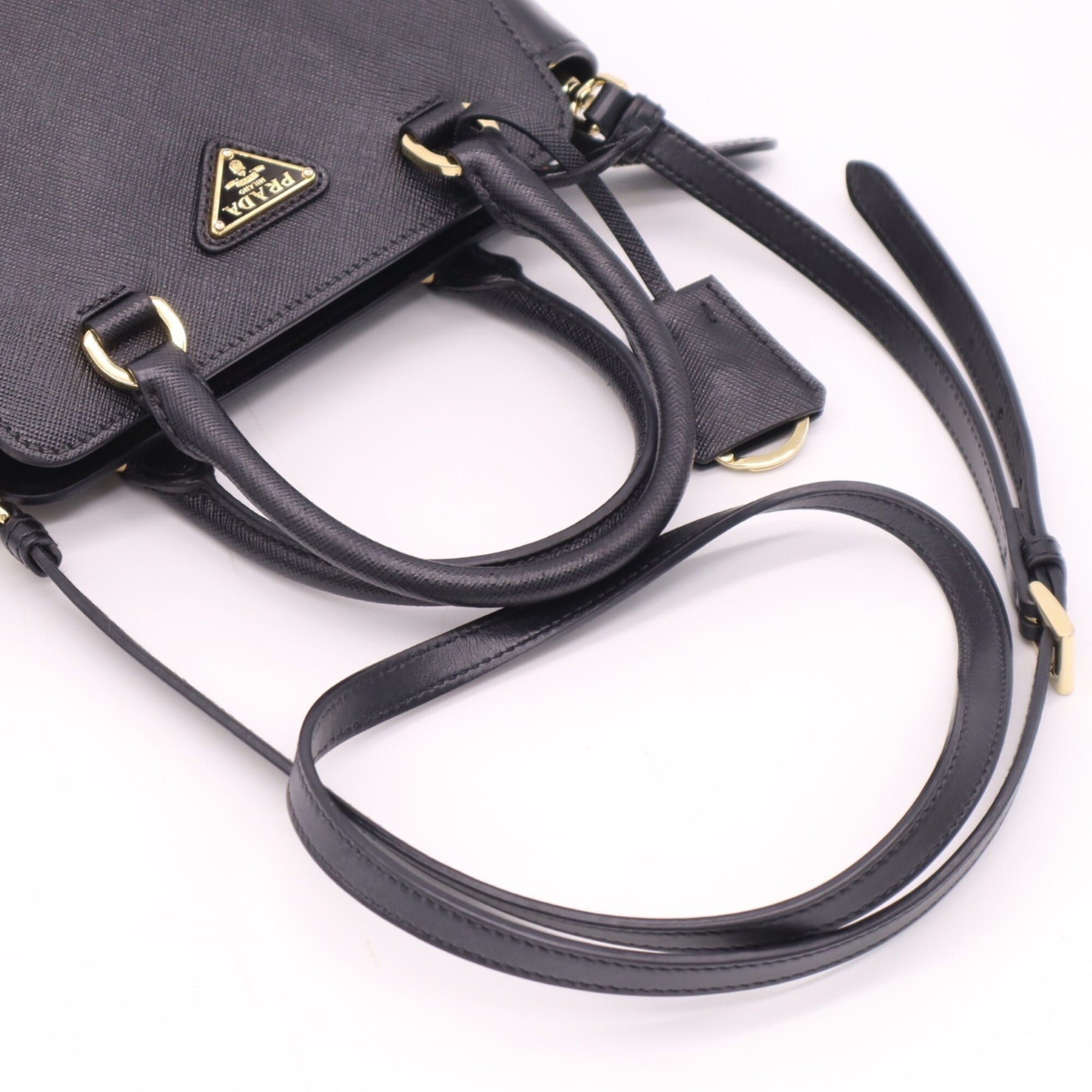 Prada Saffiano Black Coated Canvas Leather Handbag Shoulder Bag (Pre-Owned)