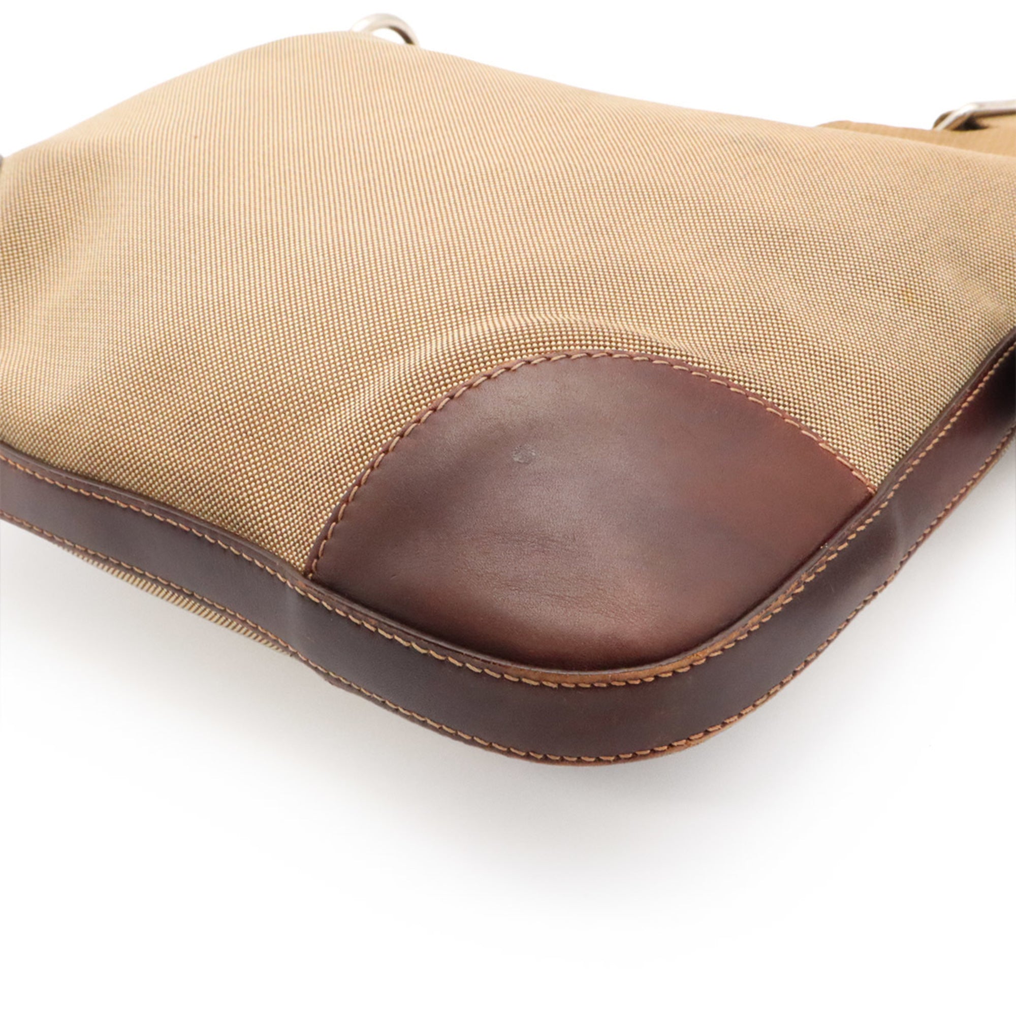 Prada Beige Dark Brown Khaki Canvas Leather Shoulder Bag (Pre-Owned)