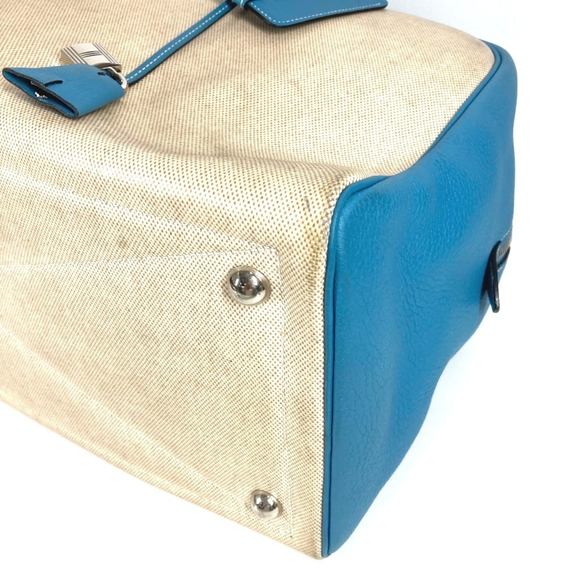Hermes Beige Blue Toile H Leather Boston Bag Shoulder Bag (Pre-Owned)