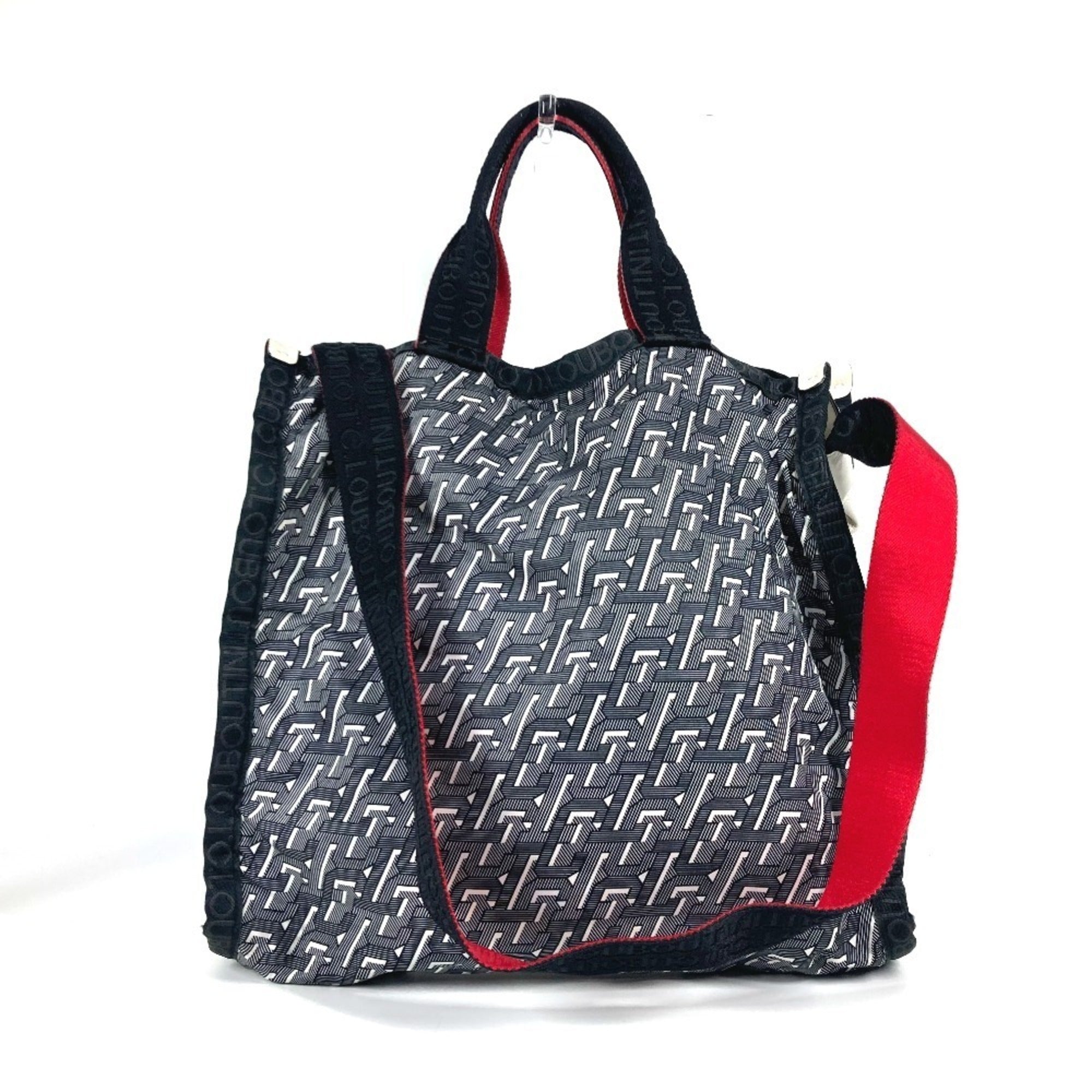 Christian Louboutin Black Red Color White Nylon Handbag Shoulder Bag Tote Bag (Pre-Owned)
