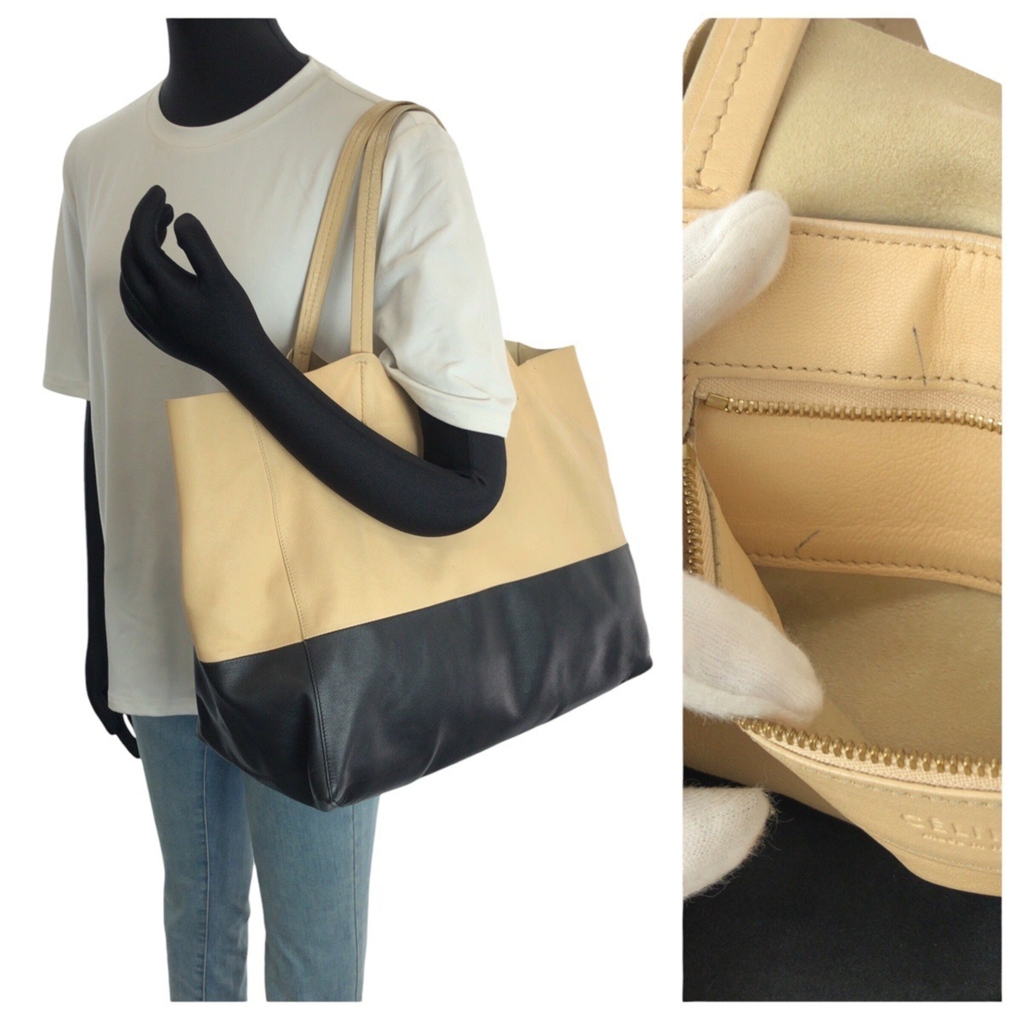 Celine Beige Black Leather Shoulder Bag Tote Bag (Pre-Owned)