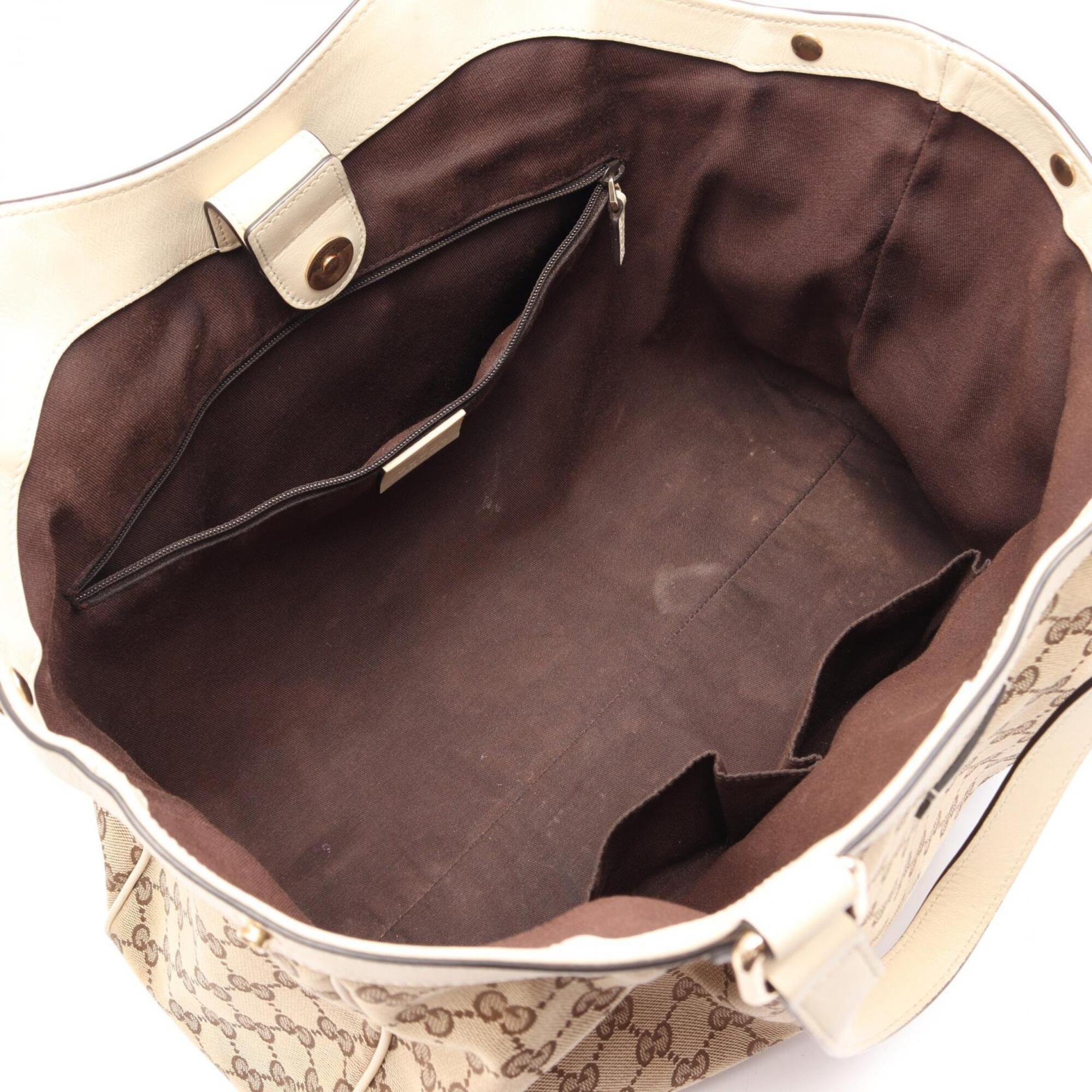 Gucci Beige White Canvas Leather Handbag Tote Bag (Pre-Owned)
