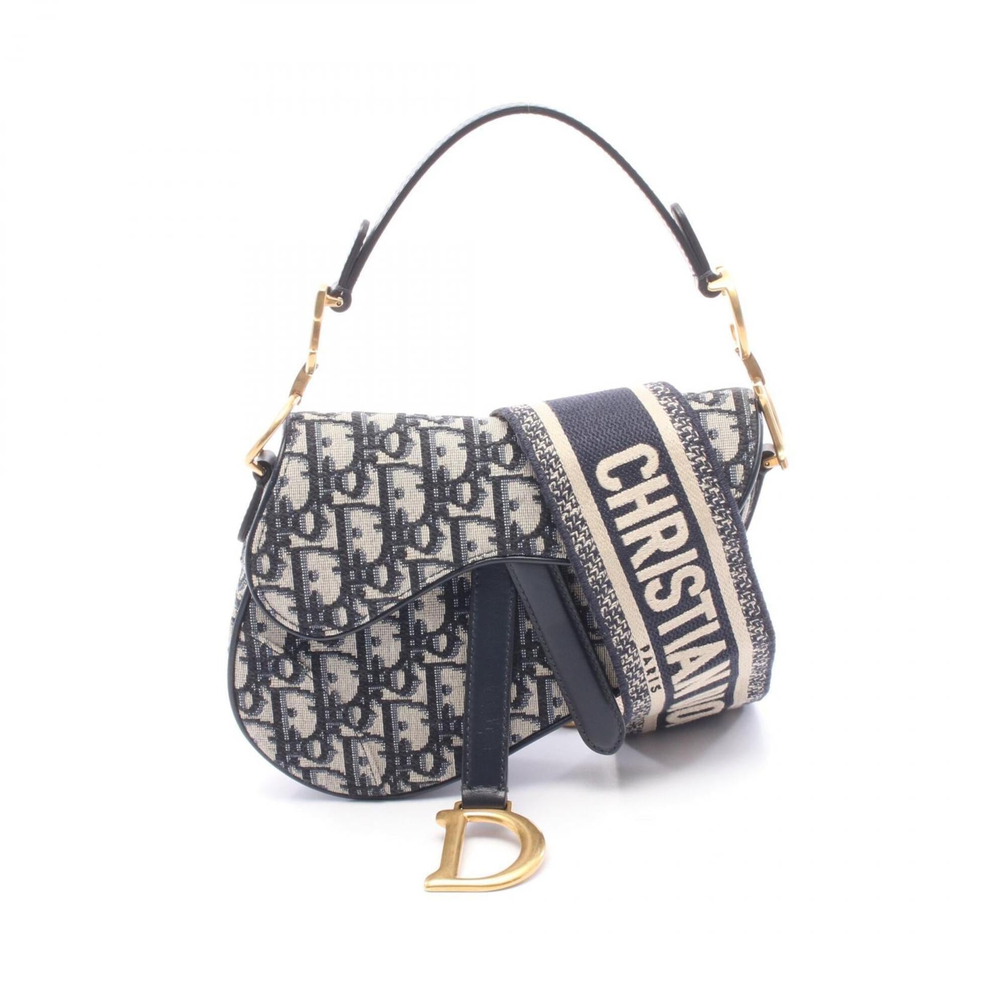 Christian Dior Beige Navy Canvas Leather Handbag Saddle Bag (Pre-Owned)