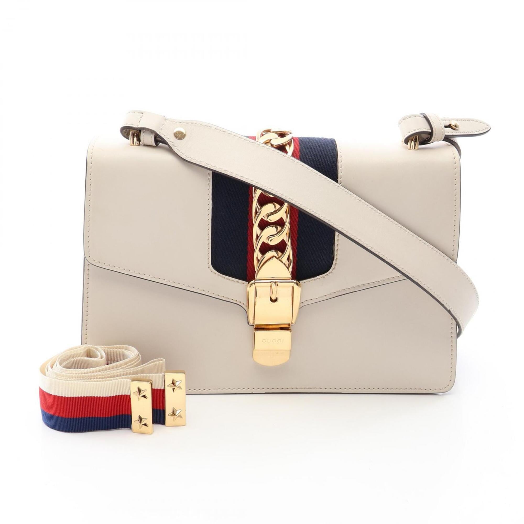 Gucci Navy Red Color White Leather Handbag Shoulder Bag (Pre-Owned)
