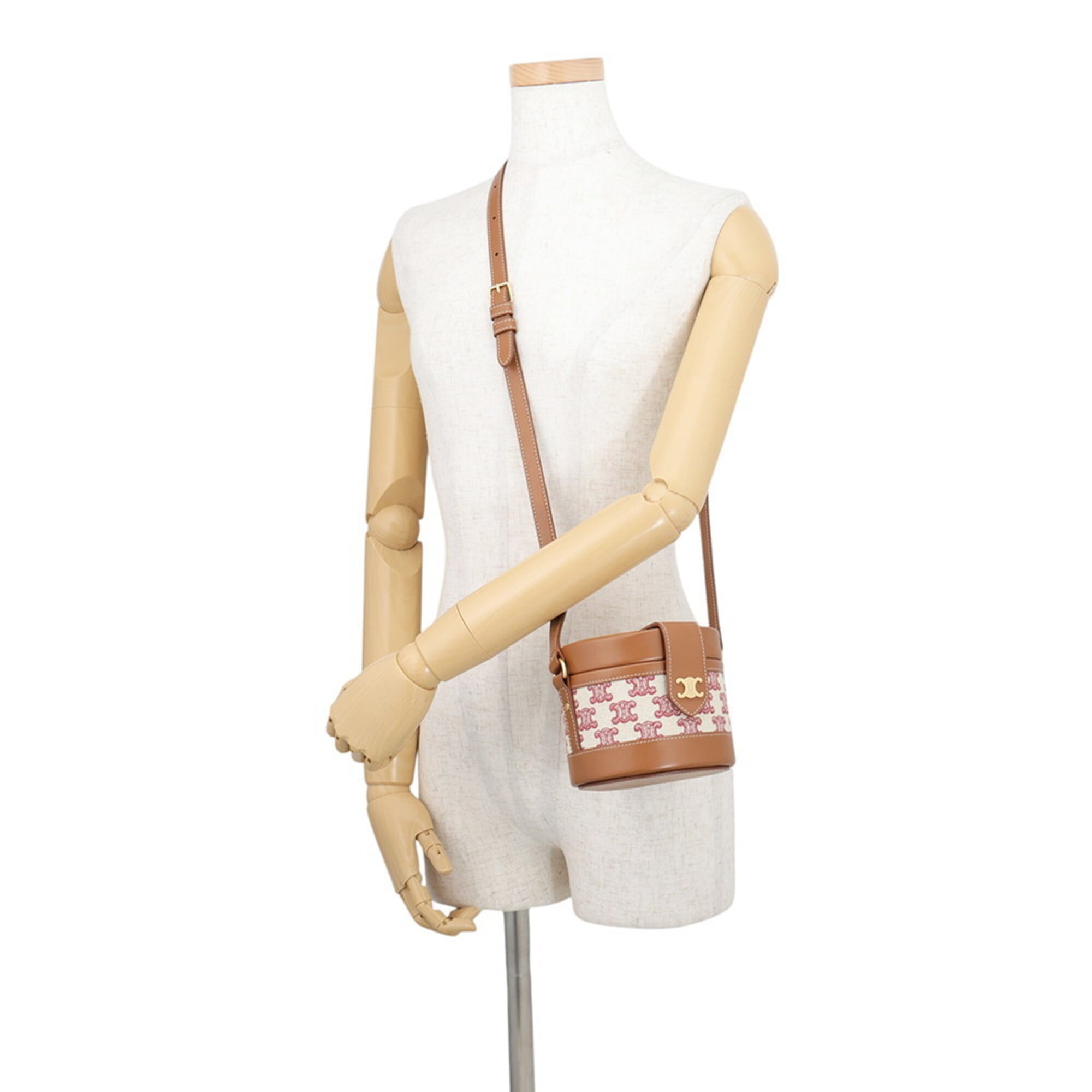 Celine Beige Brown Red Color Leather Canvas Handbag Shoulder Bag (Pre-Owned)