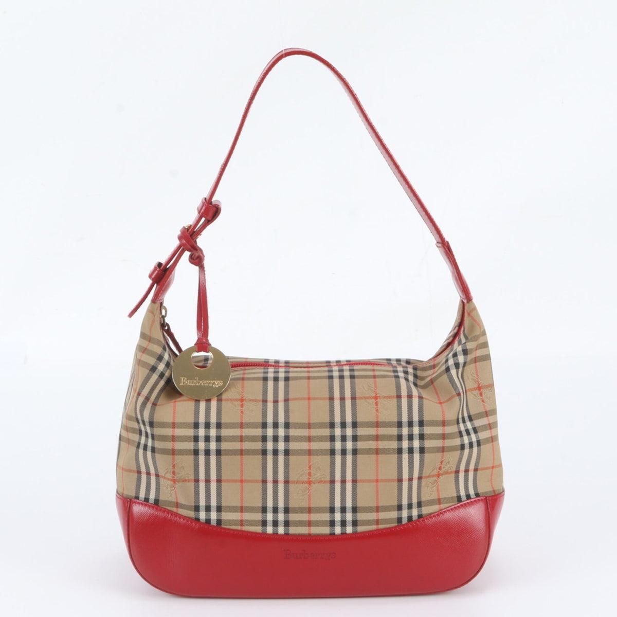 Burberry Beige Red Color Leather Canvas Shoulder Bag (Pre-Owned)