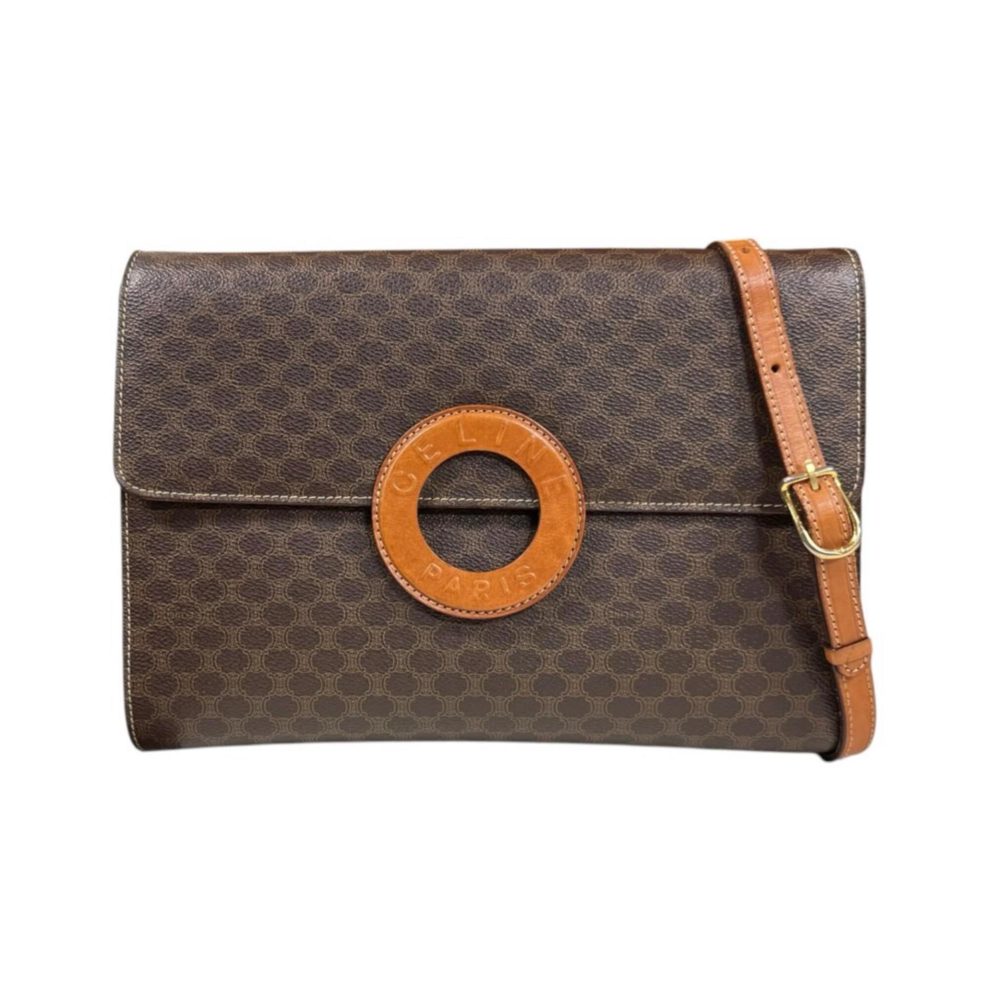 Celine Brown Coated Canvas Leather Clutch Bag Shoulder Bag (Pre-Owned)