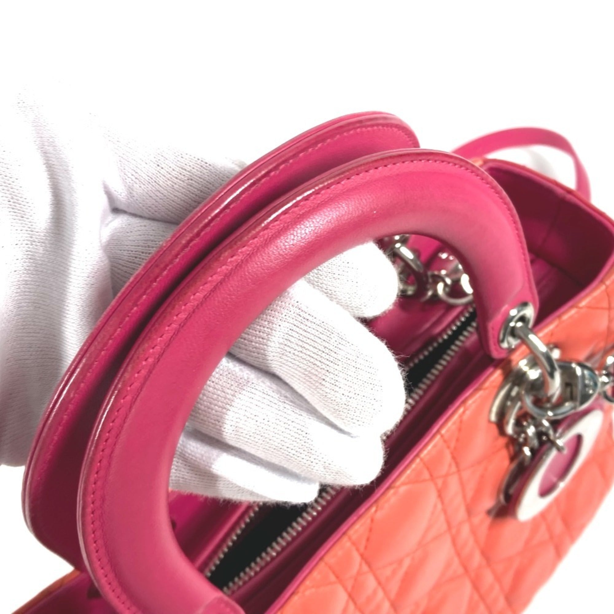 Christian Dior Lady Dior Orange Pink Red Color Leather Handbag Shoulder Bag Tote Bag (Pre-Owned)