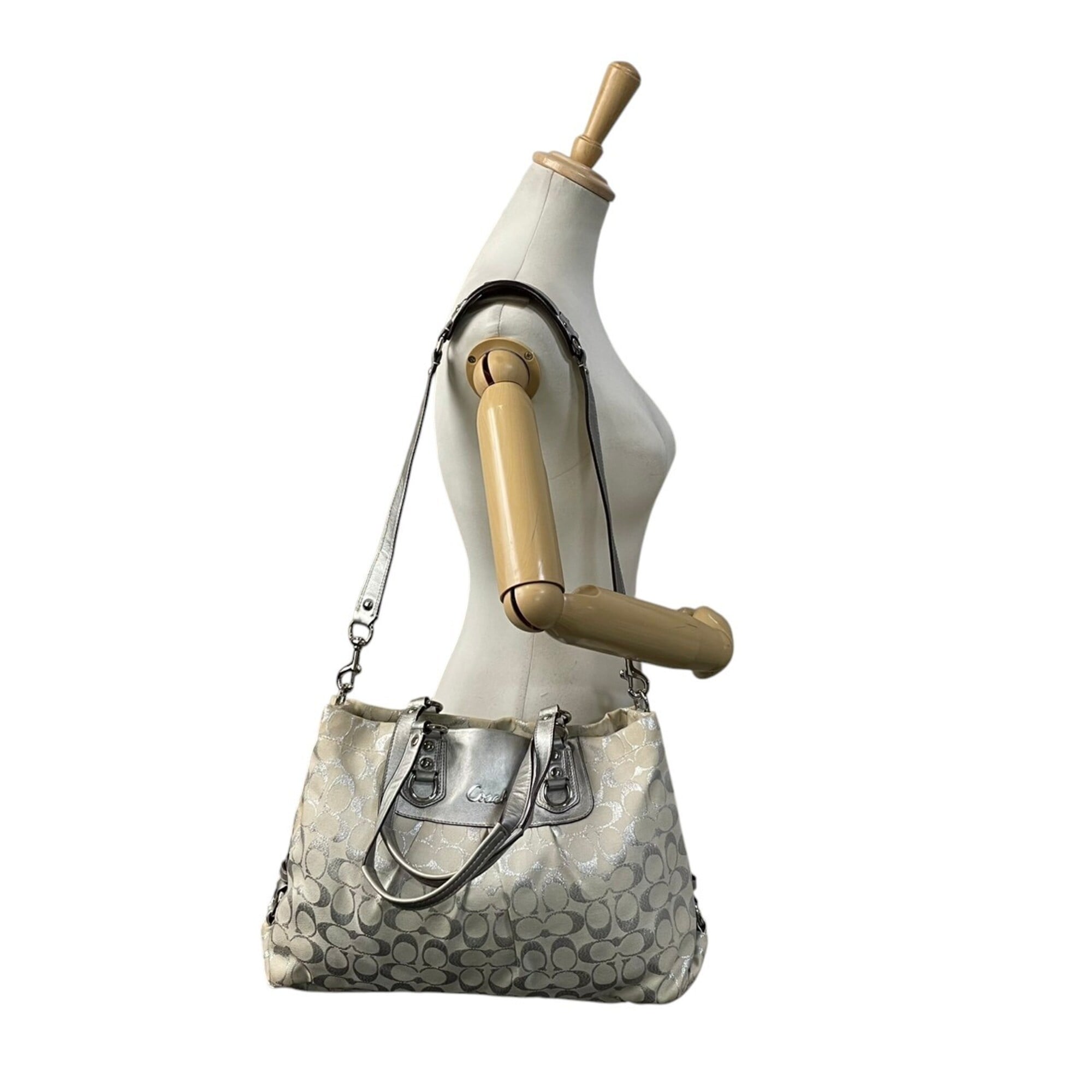 Coach Ivory Silver Canvas Leather Handbag Shoulder Bag Tote Bag (Pre-Owned)