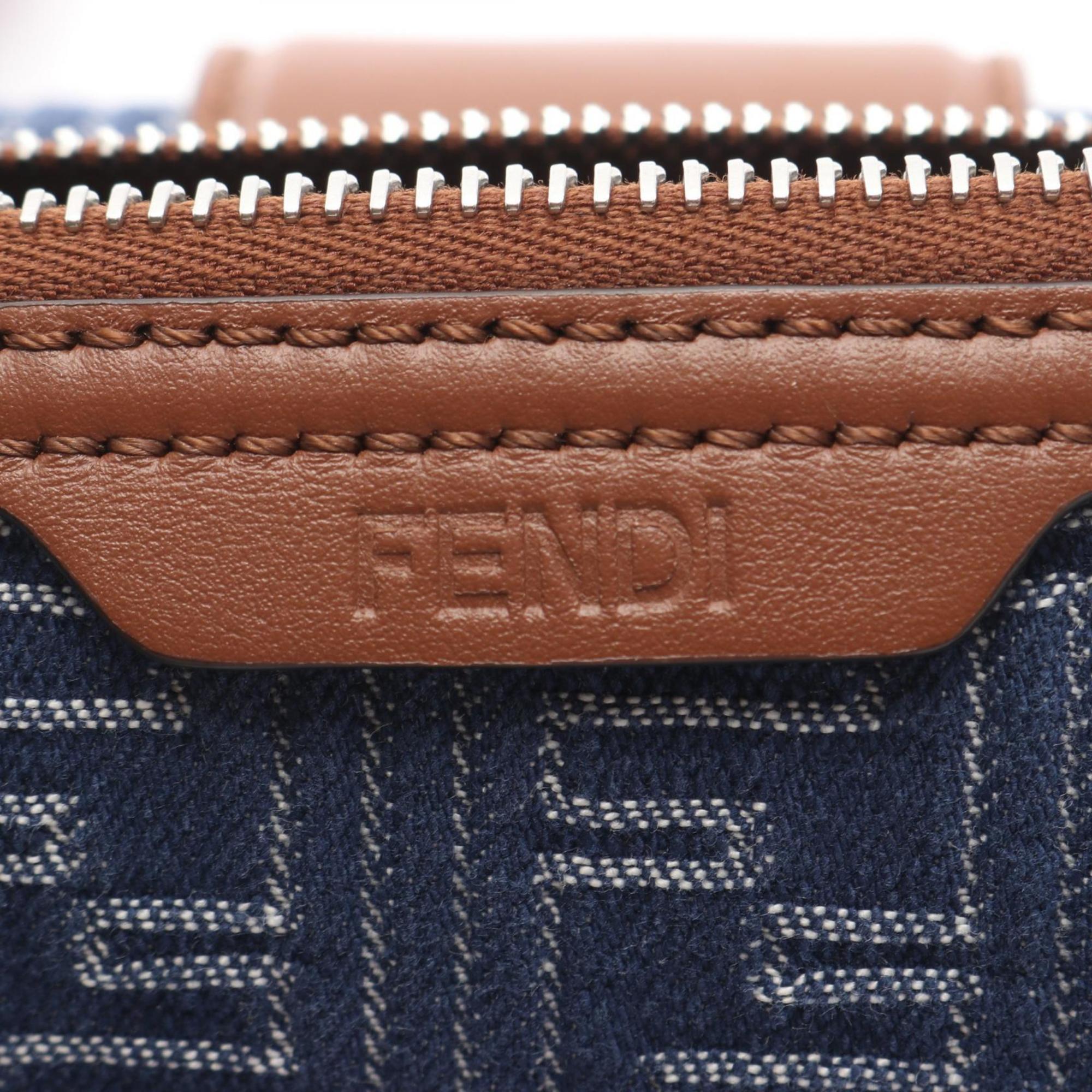 Fendi Brown Navy Canvas Leather Shoulder Bag (Pre-Owned)