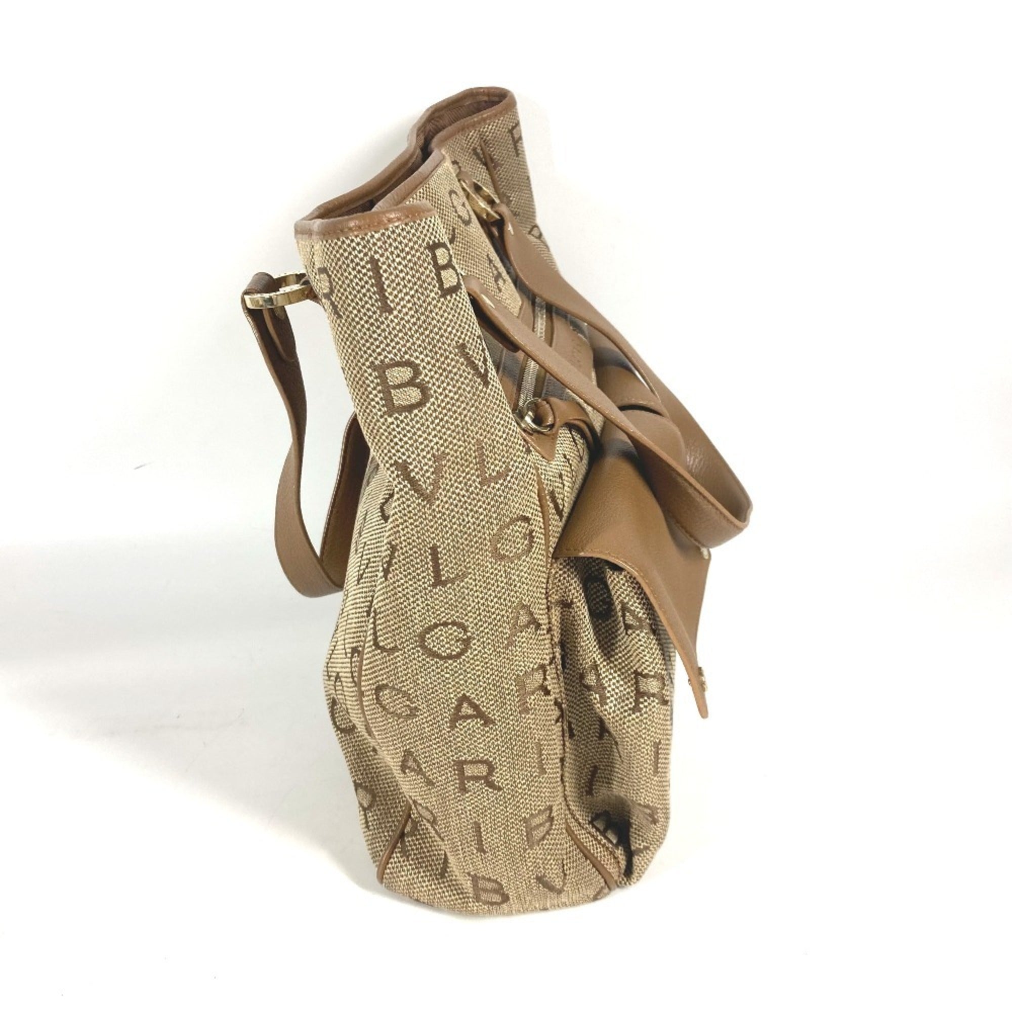 Bvlgari Logomania Beige Leather Canvas Shoulder Bag Tote Bag (Pre-Owned)