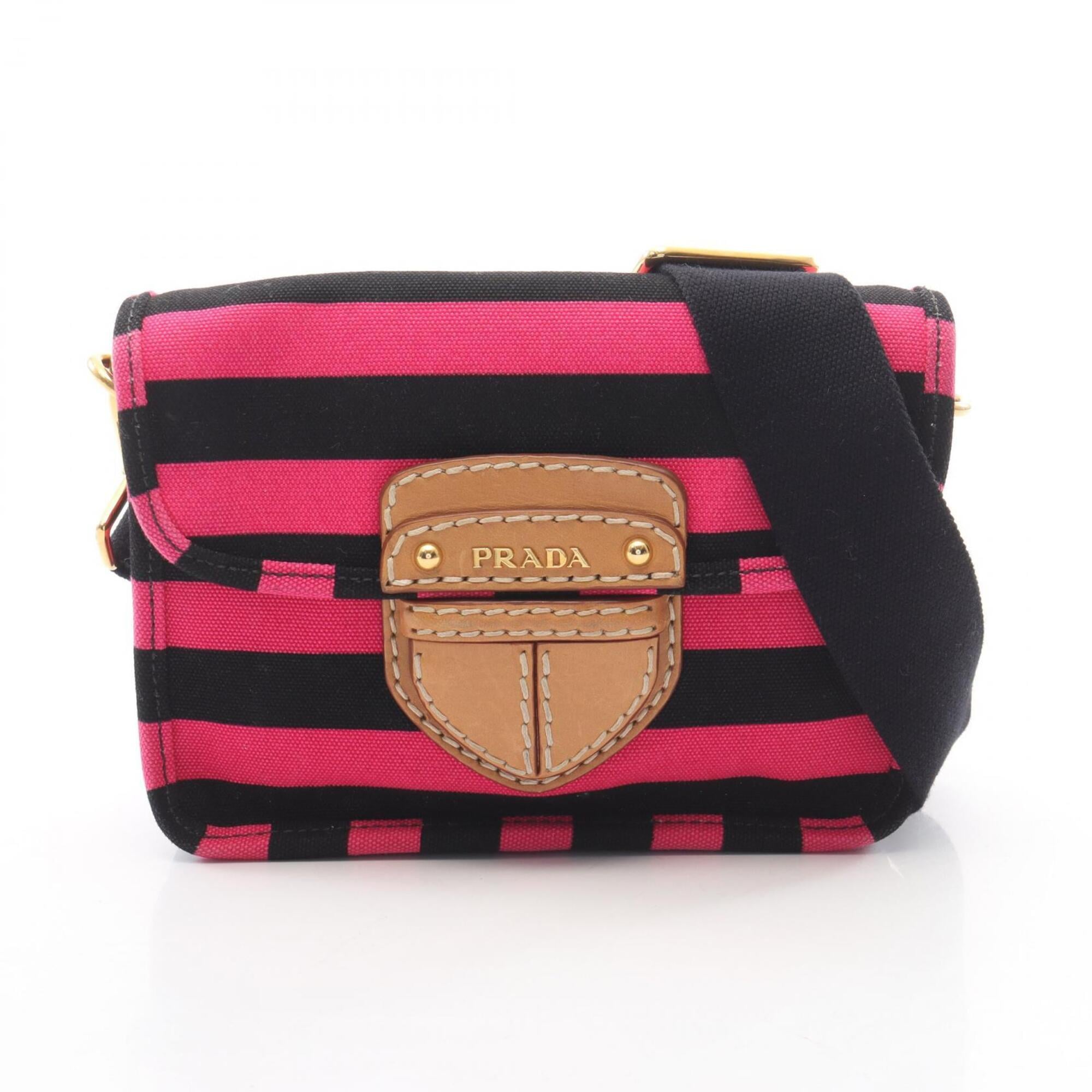 Prada Black Brown Pink Canvas Leather Handbag Shoulder Bag (Pre-Owned)