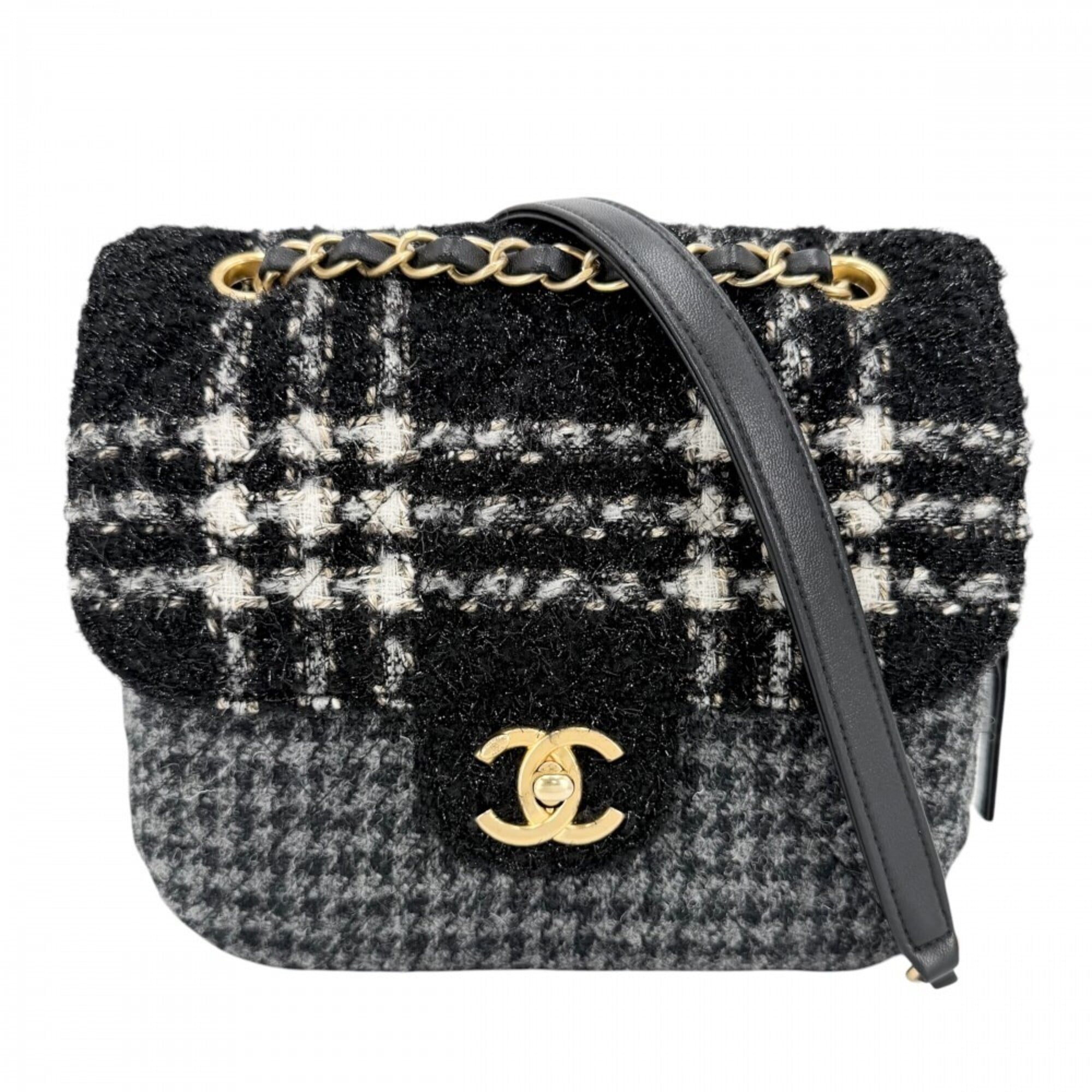 Chanel Black Gray Tweed Wool Shoulder Bag (Pre-Owned)