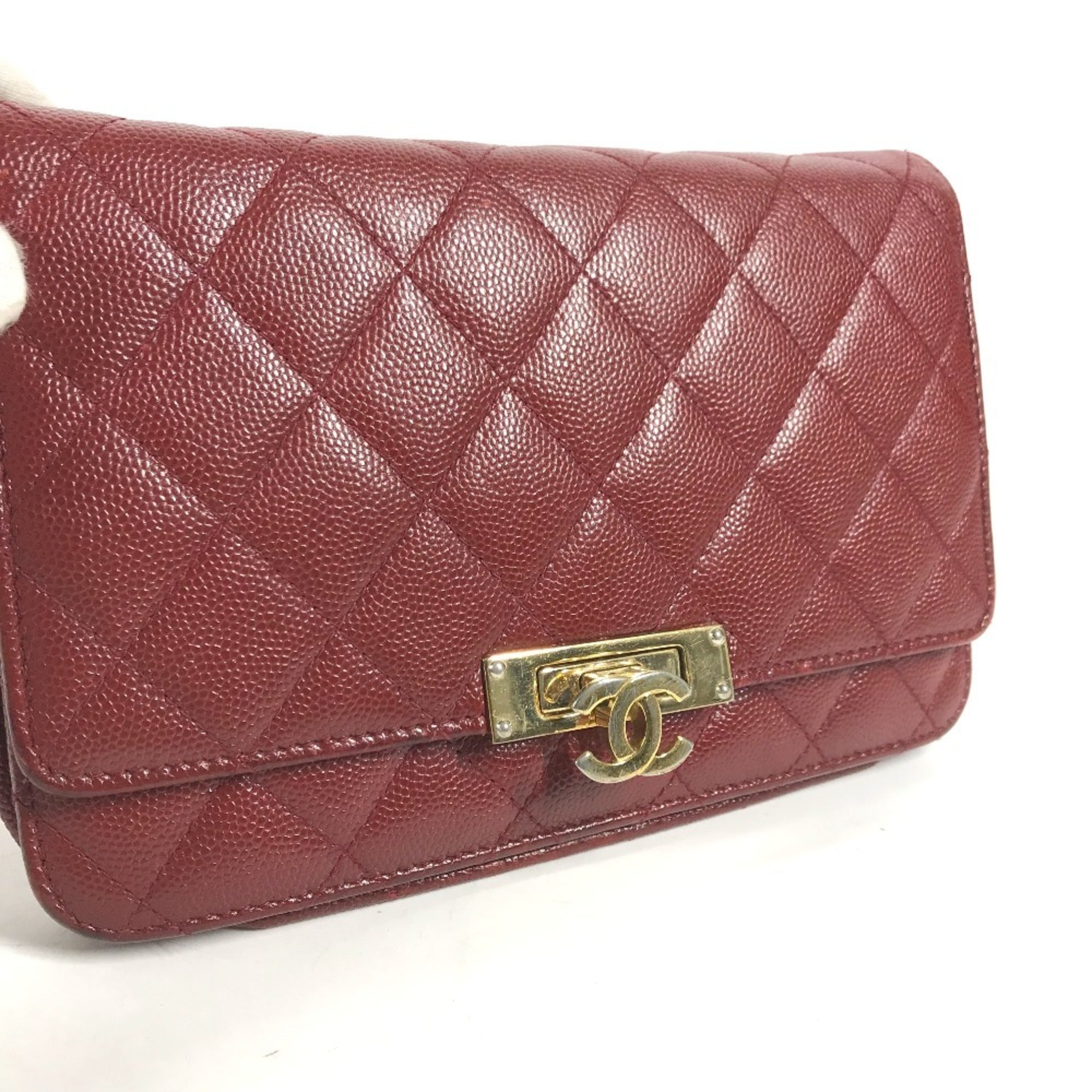 Chanel Red Color Grained Calfskin Chain/Shoulder Wallet (Pre-Owned)
