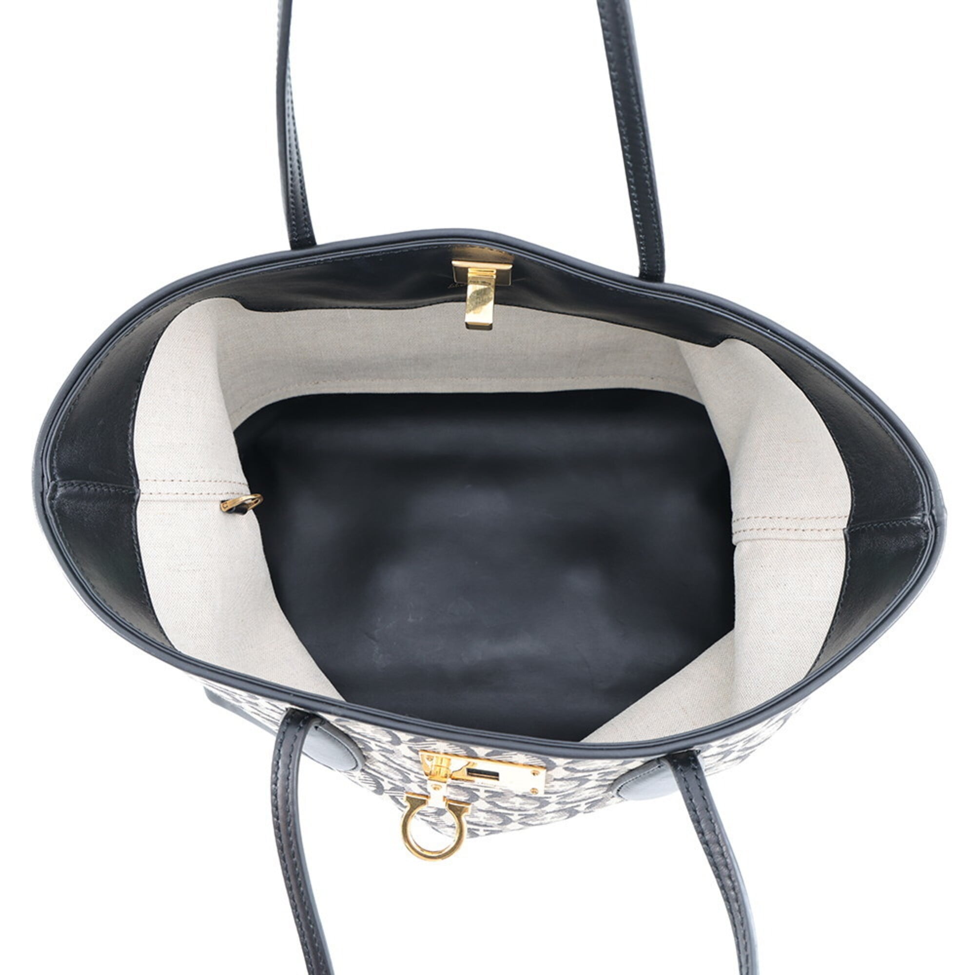 Salvatore Ferragamo Beige Black Canvas Leather Handbag Pouch Tote Bag (Pre-Owned)