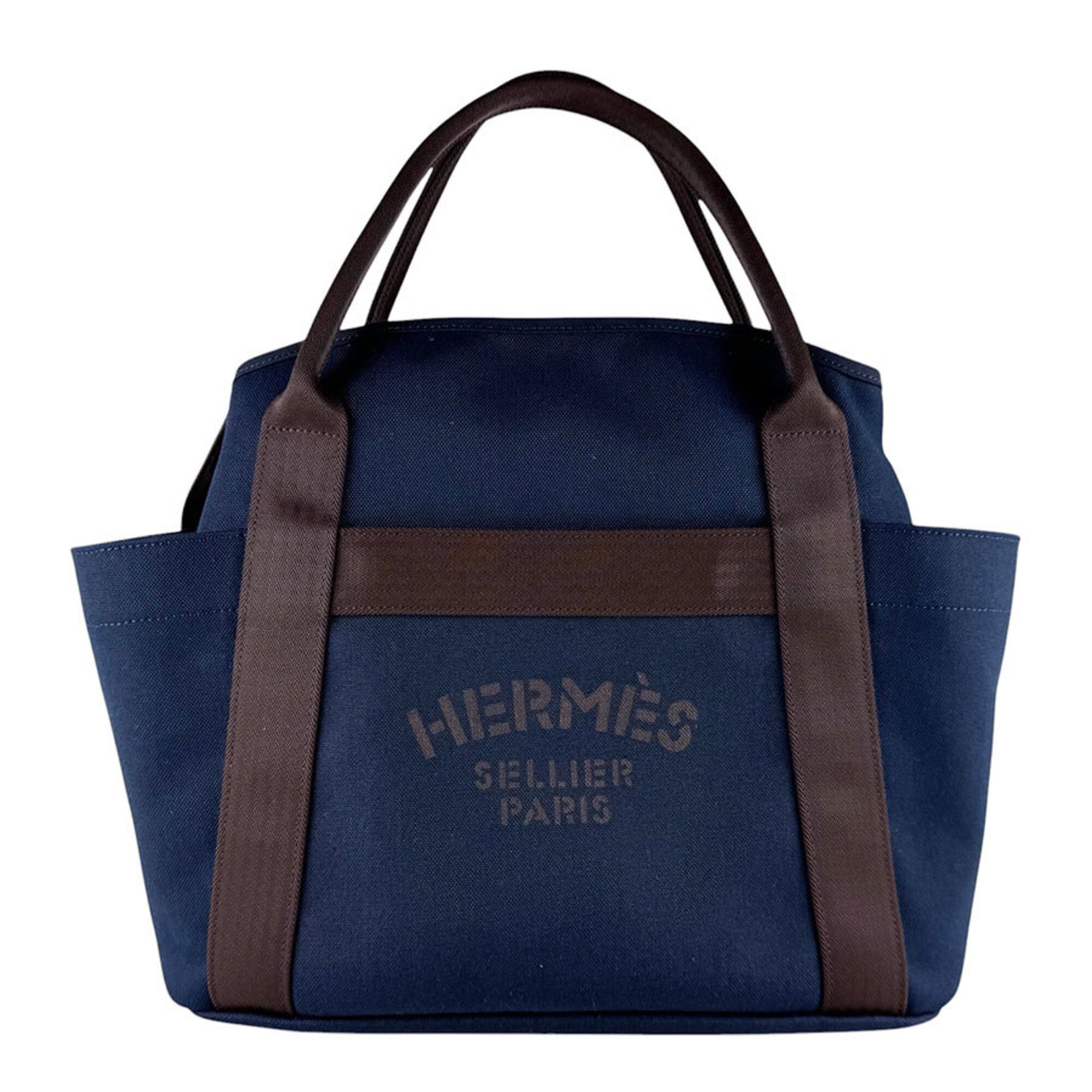 Hermes Brown Navy Canvas Handbag Shoulder Bag (Pre-Owned)