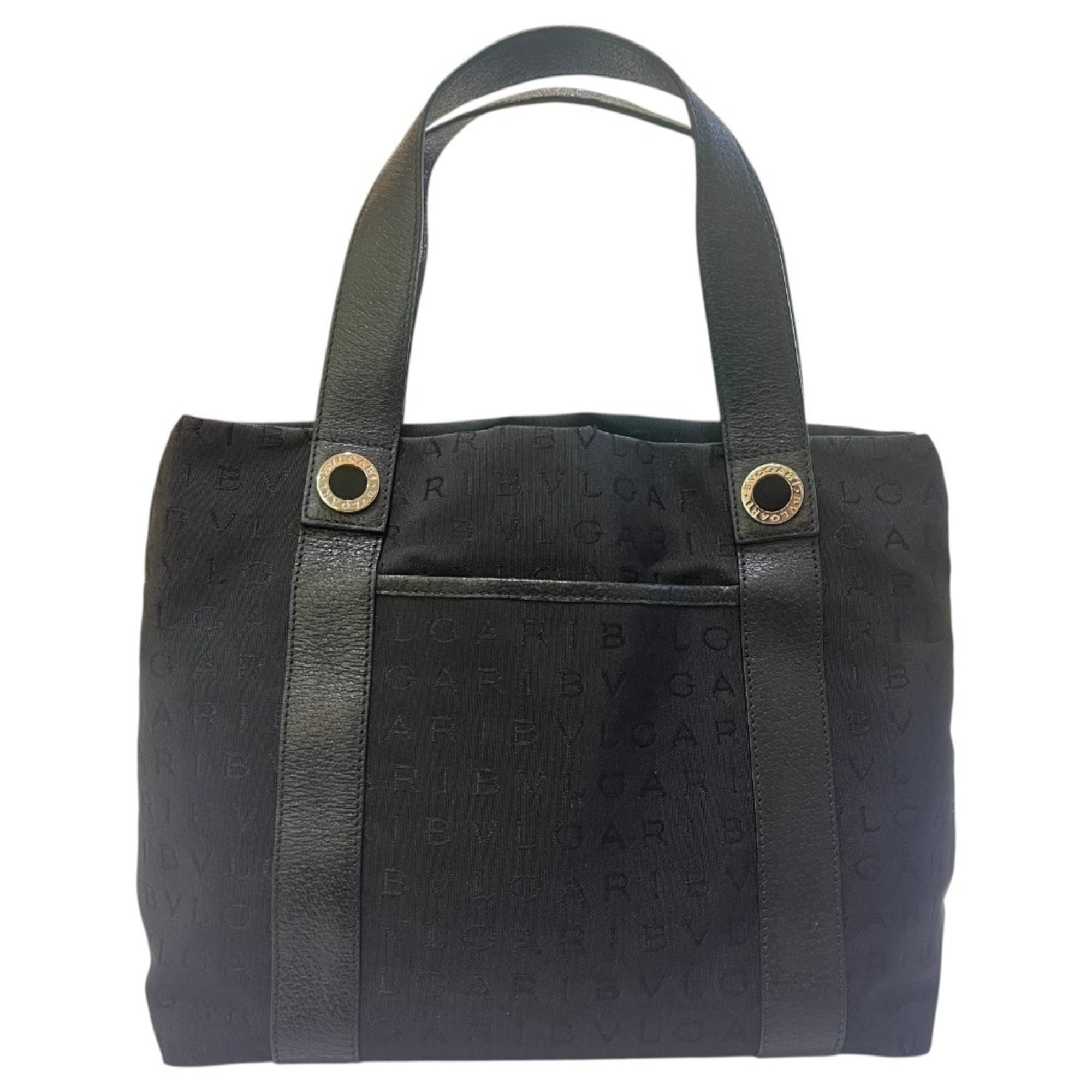 Bvlgari Logomania Black Leather Canvas Handbag Tote Bag (Pre-Owned)