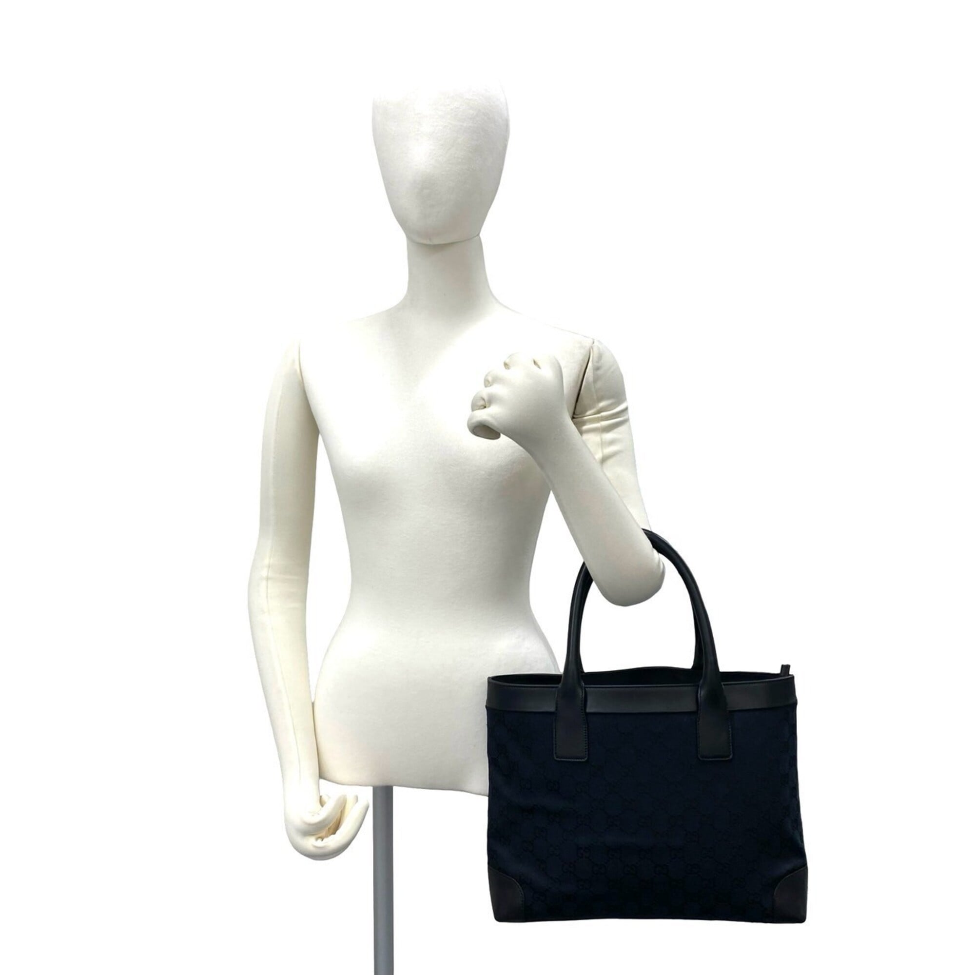 Gucci Black Navy Canvas Leather Handbag Tote Bag (Pre-Owned)
