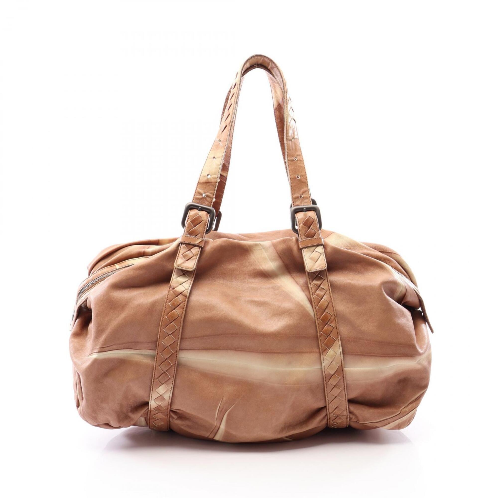 Bottega Veneta Beige Brown Leather Boston Bag Handbag (Pre-Owned)