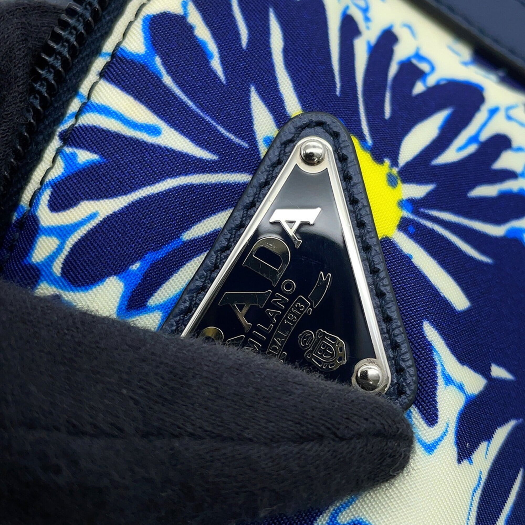 Prada Blue Yellow Nylon Leather Handbag Shoulder Bag Tote Bag (Pre-Owned)