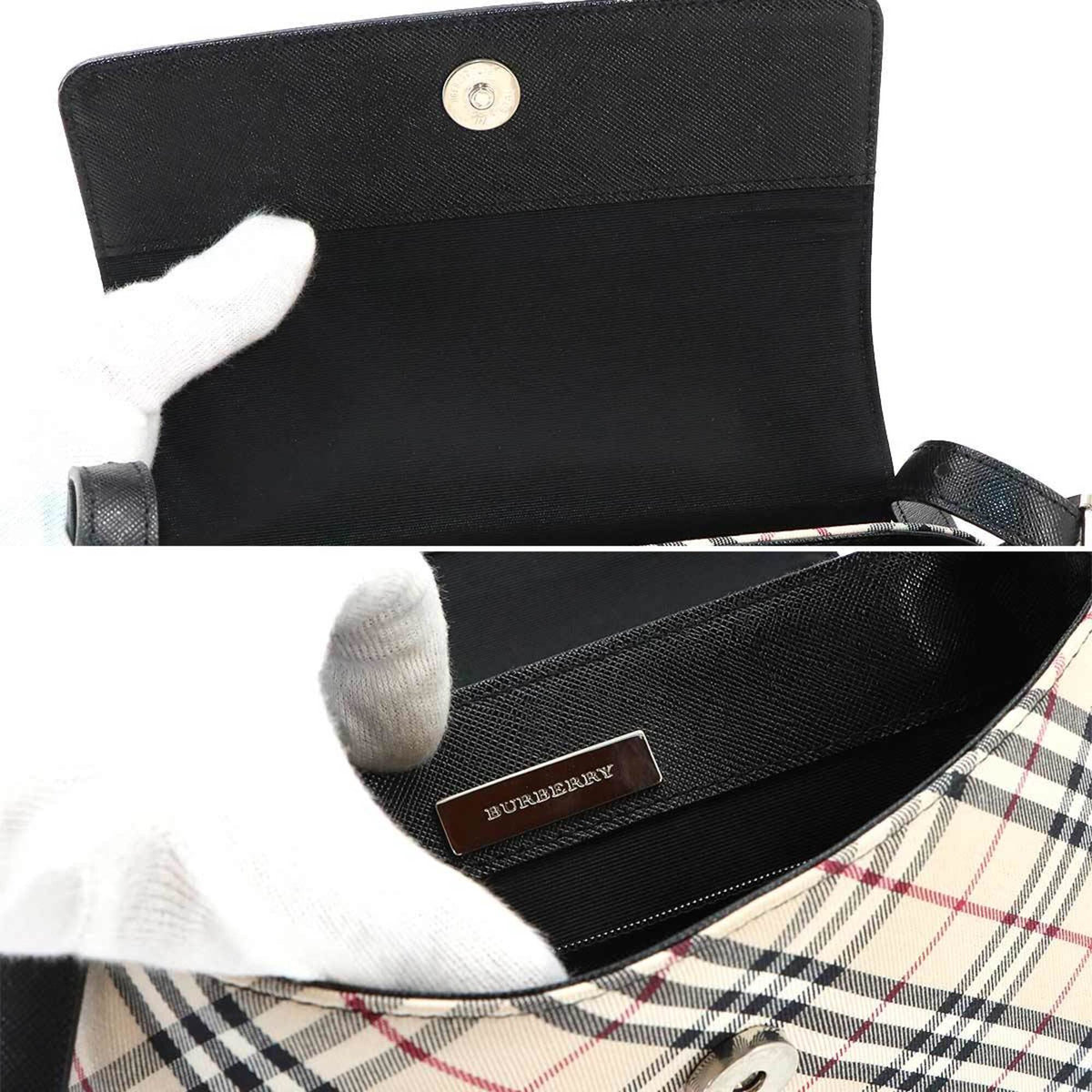 Burberry Beige Black Canvas Leather Shoulder Bag (Pre-Owned)