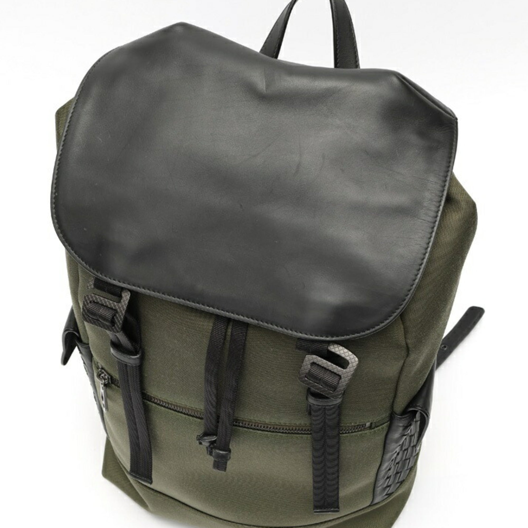 Bottega Veneta Black Khaki Nylon Leather Backpack (Pre-Owned)
