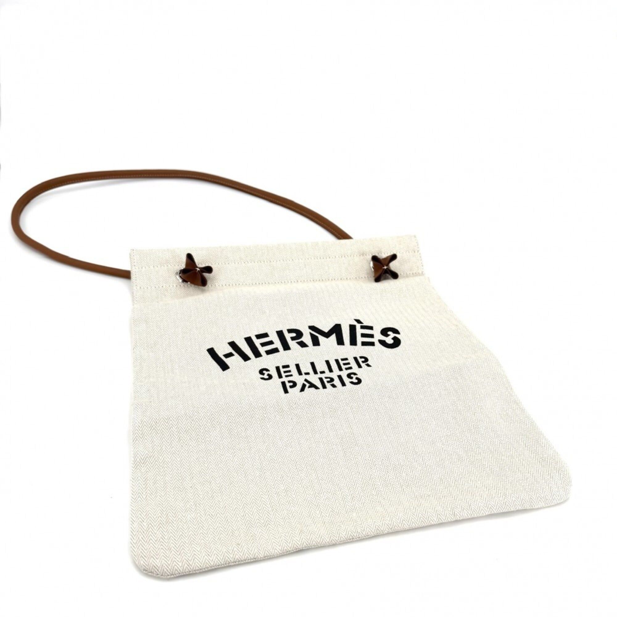 Hermes Beige Brown Toile Chevron Leather Handbag Tote Bag (Pre-Owned)